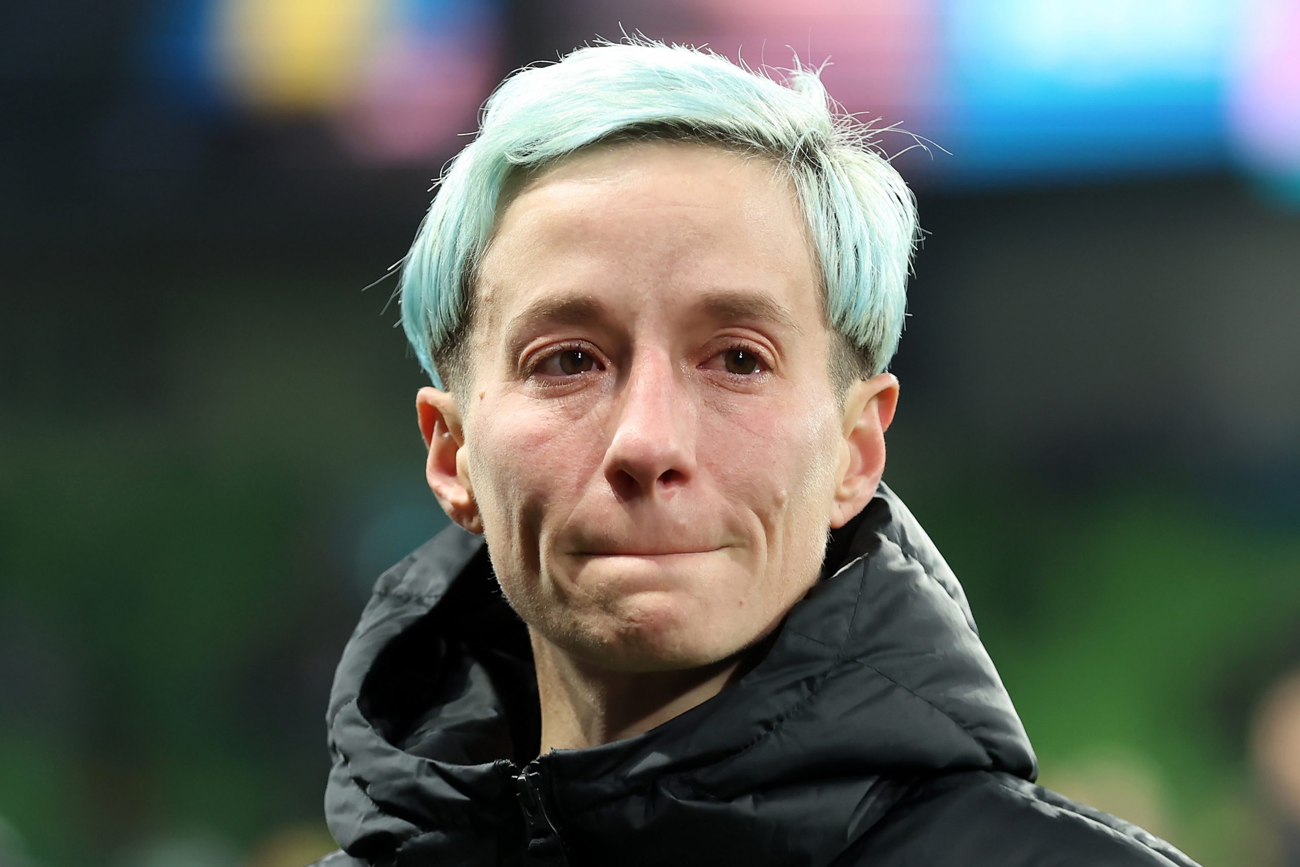Megan Rapinoe of USA is dejected after their team was defeated in the FIFA Women's World Cup Australia & New Zealand 2023 Round of 16 match between Sweden and USA at Melbourne Rectangular Stadium on August 06, 2023 in Melbourne / Naarm, Australia. (Photo by Alex Grimm - FIFA/FIFA via Getty Images)