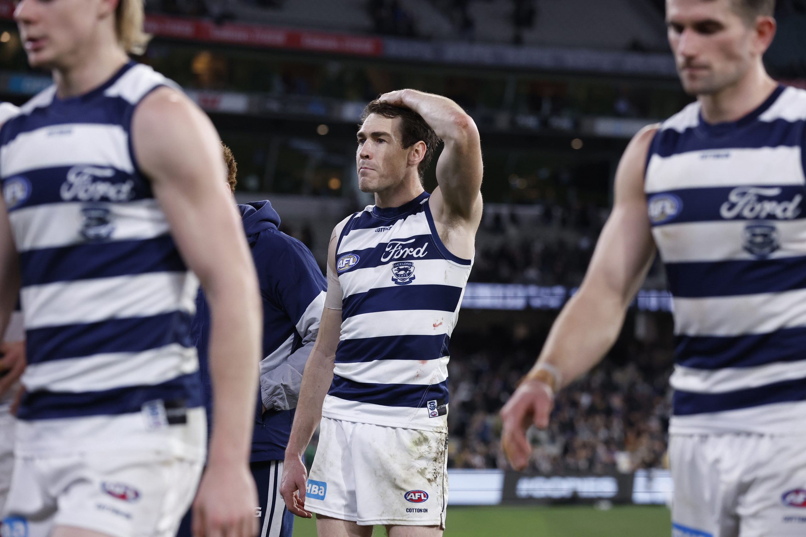 A disappointed Jeremy Cameron post the Cats' eight point loss to Collingwood.