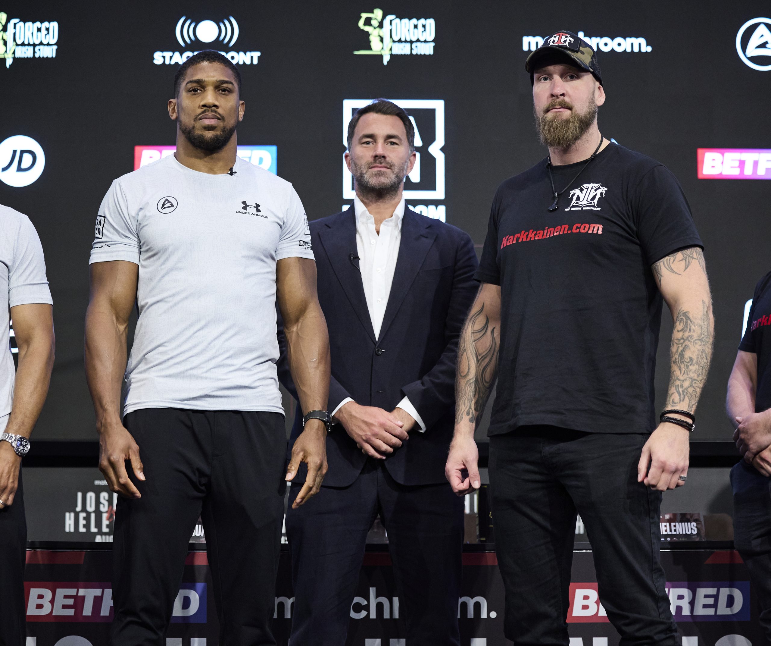 Anthony Joshua and Robert Helenius during a press conference prior to their Heavyweight fight on August 9, 2023 in London, England. (Photo by Mark Robinson/Matchroom Boxing via Getty Images)