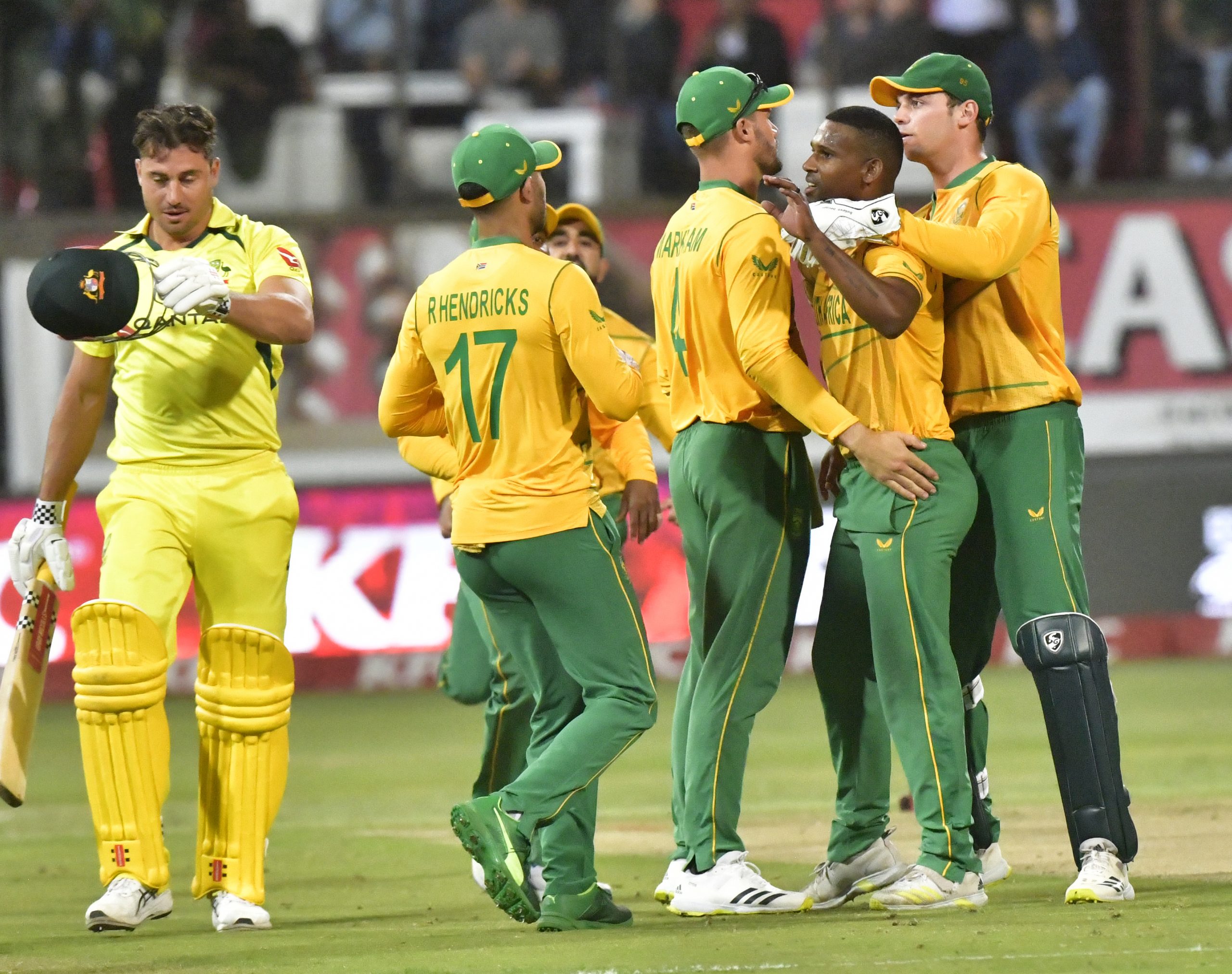 South African players celebrate the dismissal of Marcus Stoinis of Australia.