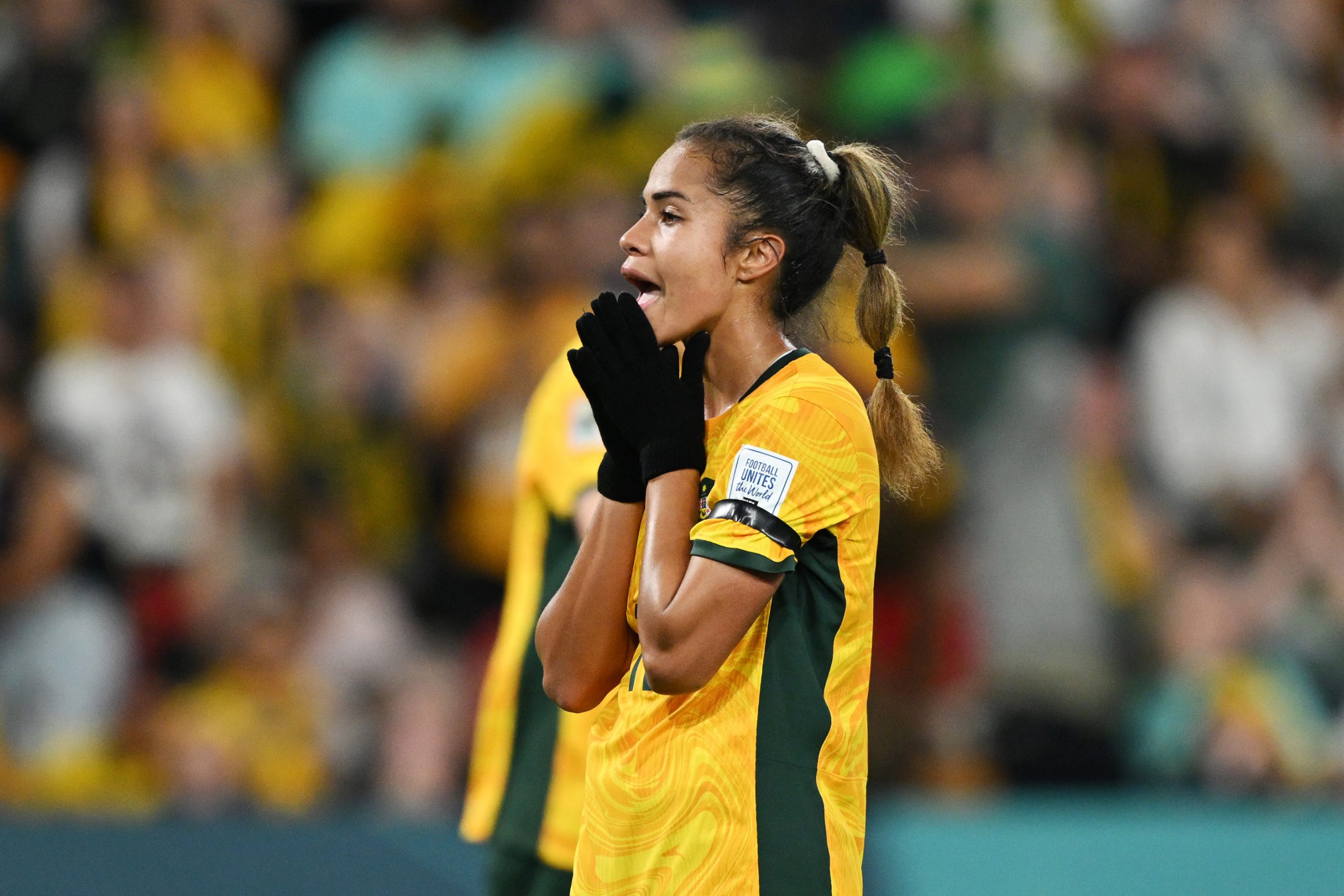 Mary Fowler reacts after a missed chance during the FIFA Women's World Cup Australia & New Zealand 2023 Quarter Final match between Australia and France at Brisbane Stadium.