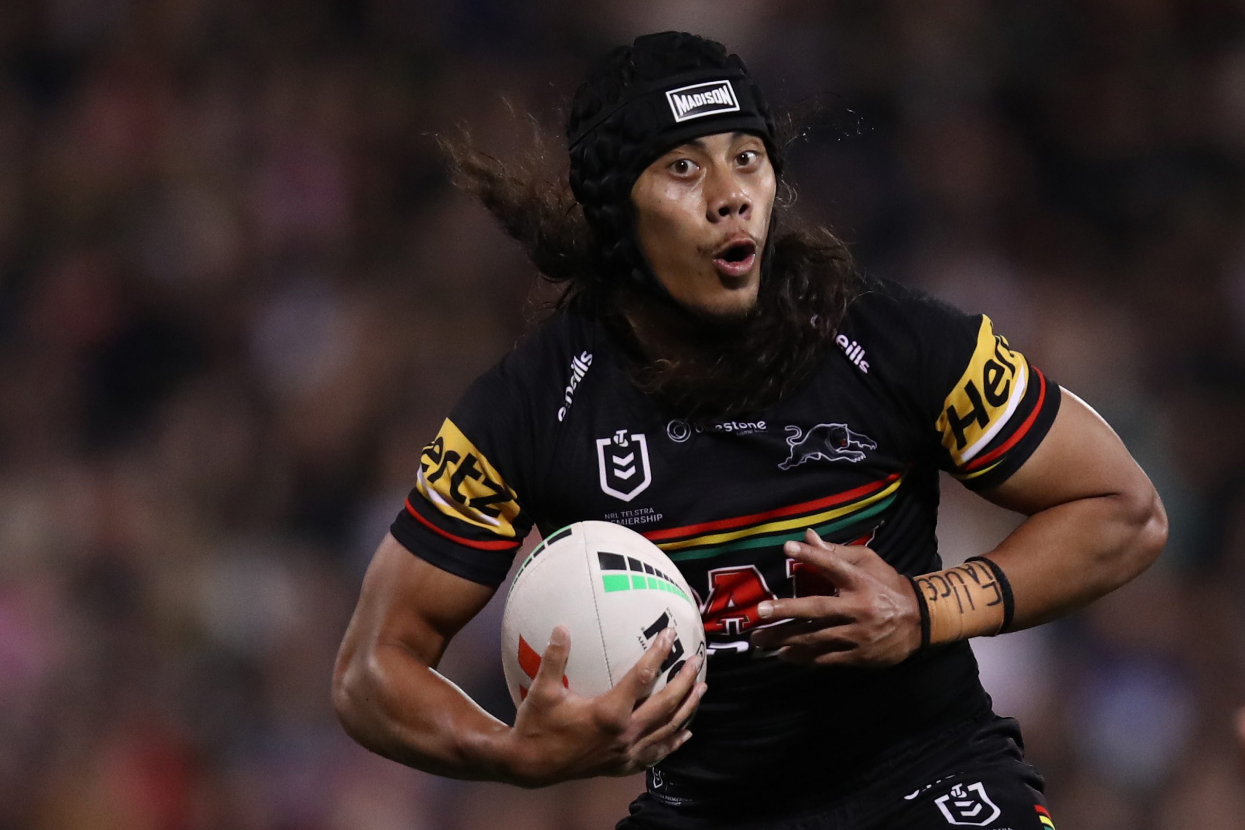Jarome Luai of the Panthers runs the ball during the round 23 NRL match between Penrith Panthers and Melbourne Storm at BlueBet Stadium on August 04, 2023 in Penrith, Australia. (Photo by Jason McCawley/Getty Images)