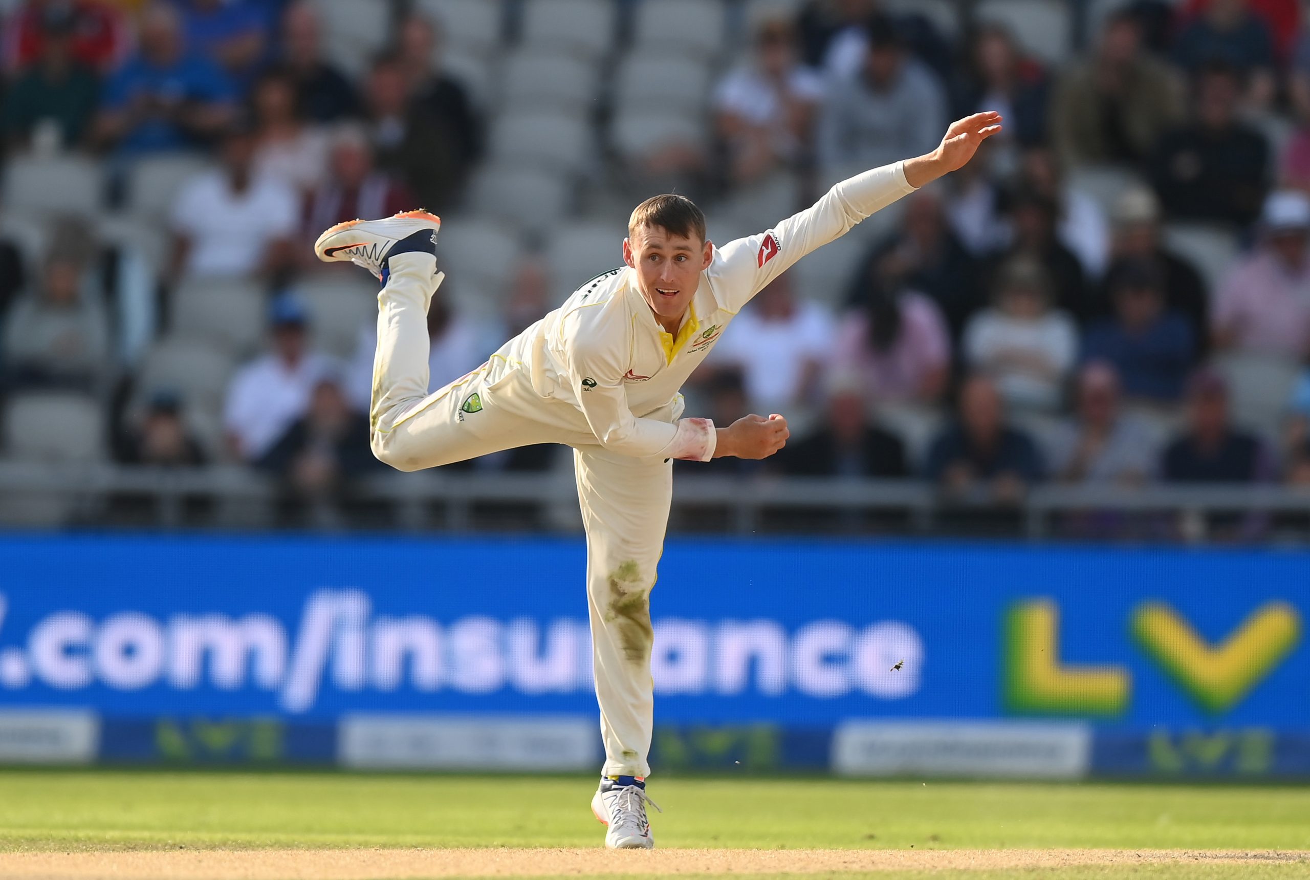 MANCHESTER, ENGLAND - JULY 20: Marnus Labuschagne of Australia bowls during Day Two of the LV= Insurance Ashes 4th Test Match between England and Australia at Emirates Old Trafford on July 20, 2023 in Manchester, England. (Photo by Alex Davidson/Getty Images)