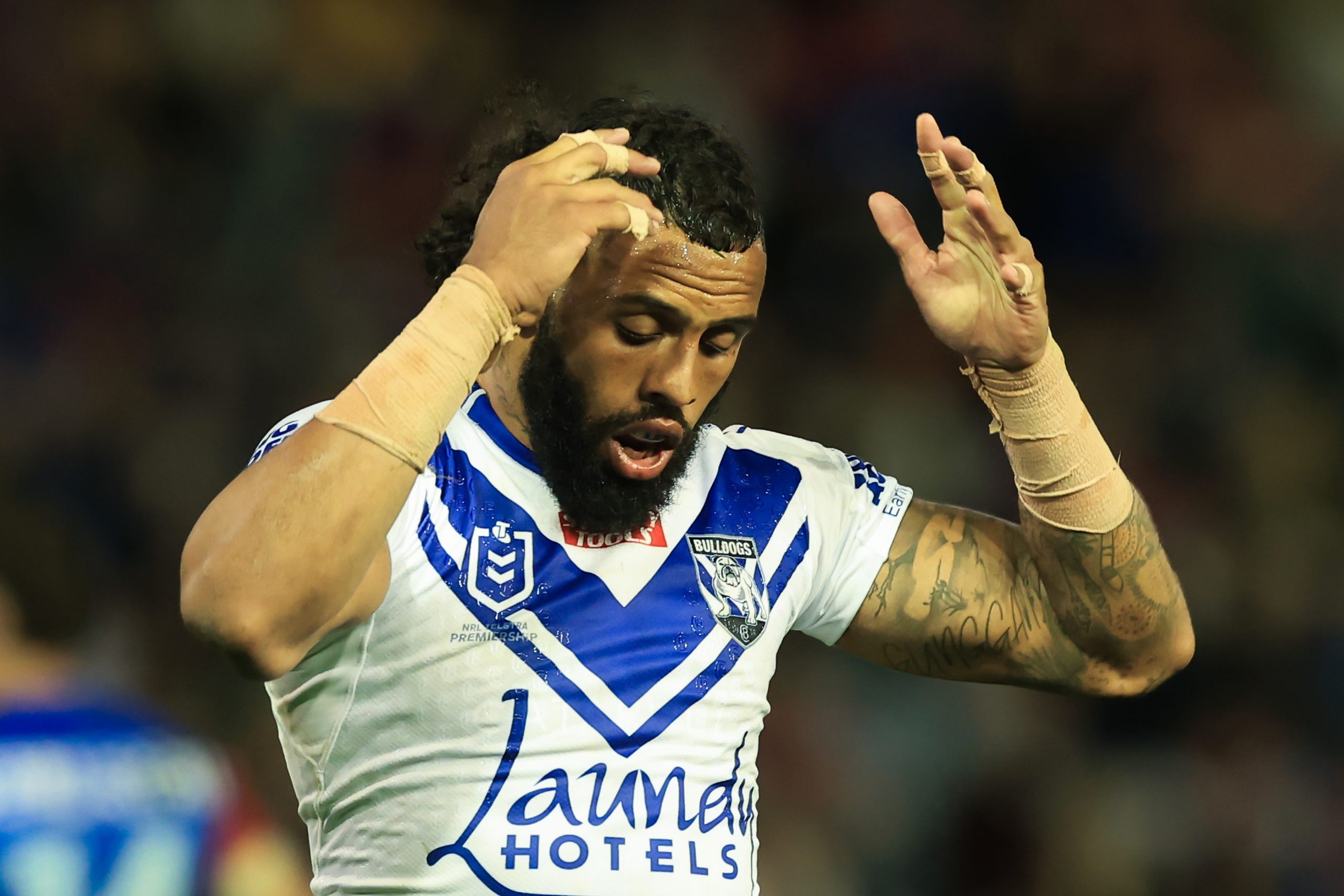 A dejected Josh Addo-Carr of the Bulldogs during the round 24 NRL match between Newcastle Knights and Canterbury Bulldogs at McDonald Jones Stadium on August 13, 2023 in Newcastle, Australia. (Photo by Jenny Evans/Getty Images)