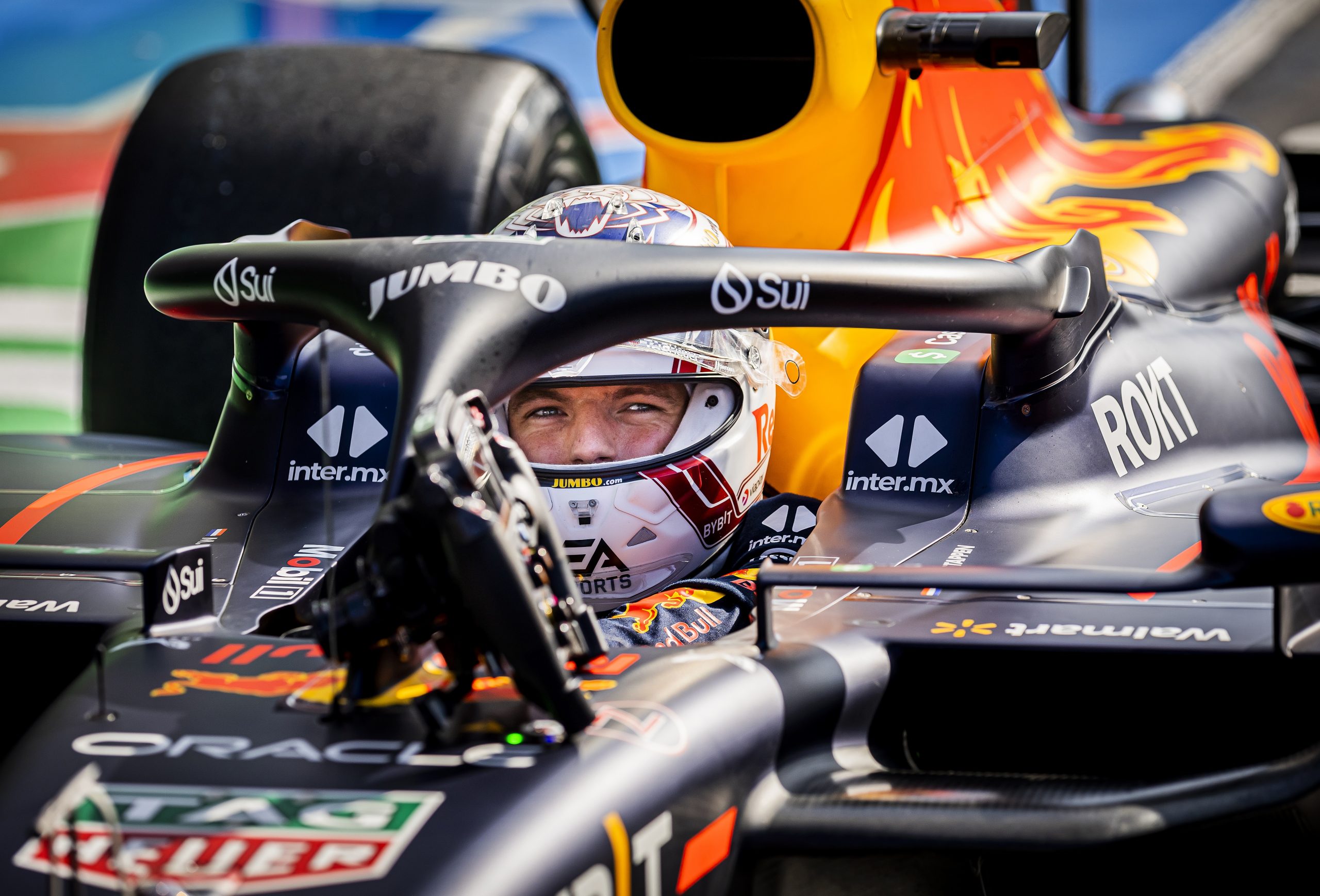 Max Verstappen (Red Bull Racing) after taking pole position during qualifying for the F1 Grand Prix of the Netherlands at Circuit Zandvoort on August 26, 2023 in Zandvoort, Netherlands. ANP REMKO DE WAAL (Photo by ANP via Getty Images)