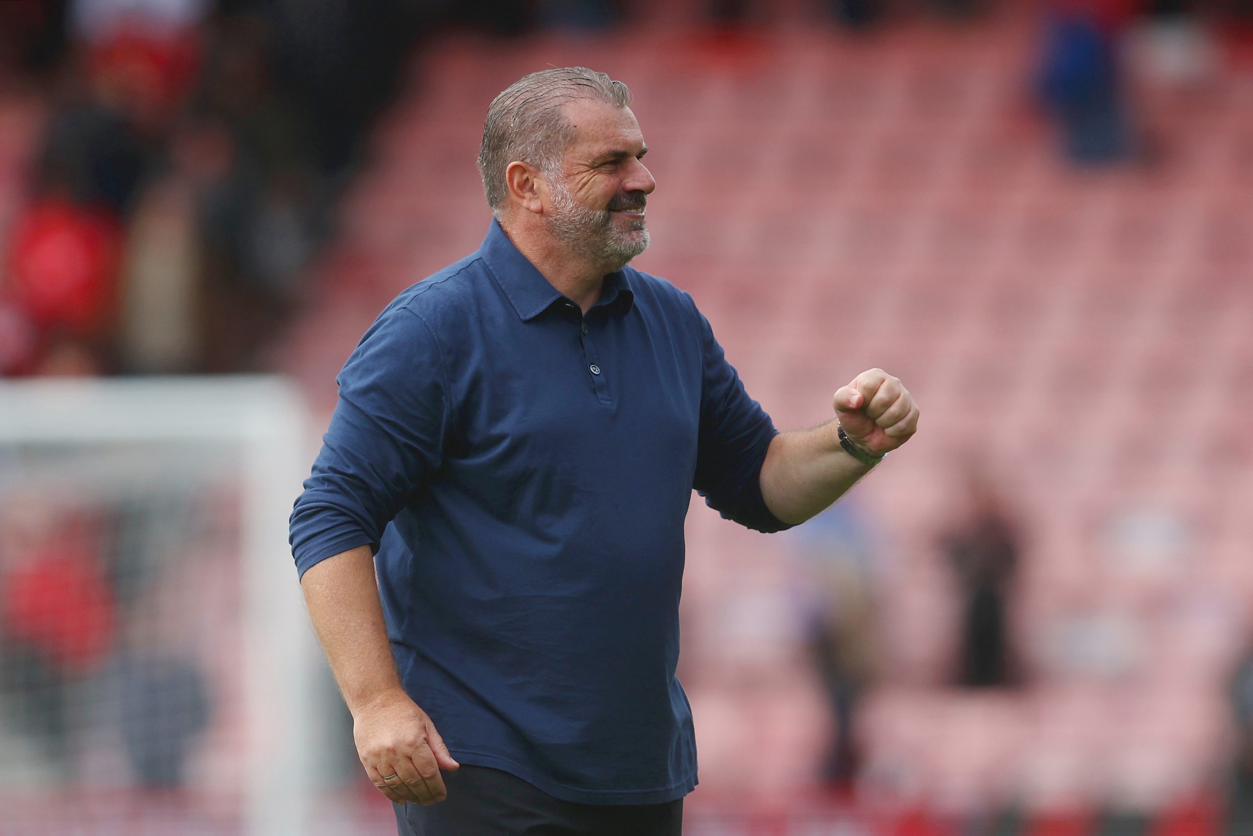 Ange Postecoglou, Manager of Tottenham Hotspur, celebrates following the team's victory in the Premier League match between AFC Bournemouth and Tottenham Hotspur at Vitality Stadium on August 26, 2023 in Bournemouth, England. (Photo by Christopher Lee/Getty Images)