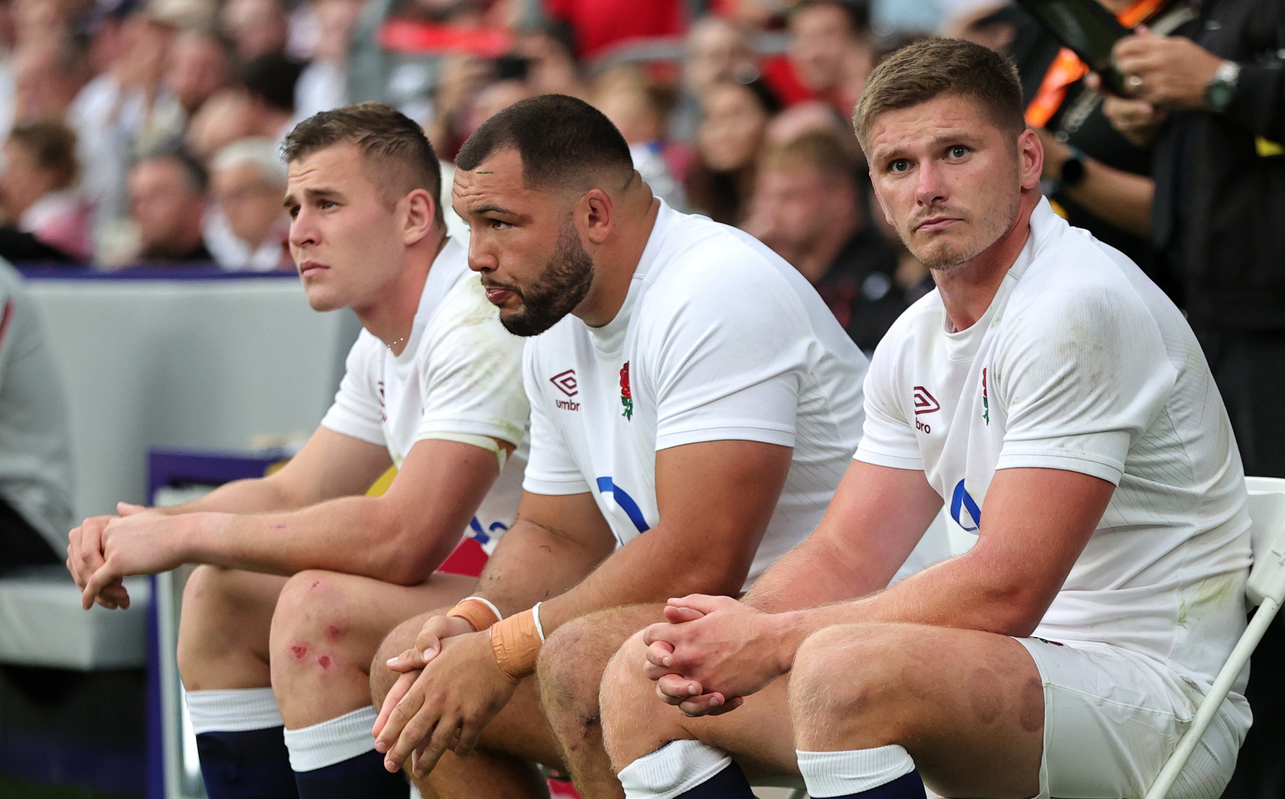 (Right to left) Owen Farrell, the England captain, sits in the sin bin with teammates Ellis Genge and Freddie Steward after they all received yellow cards at Twickenham.