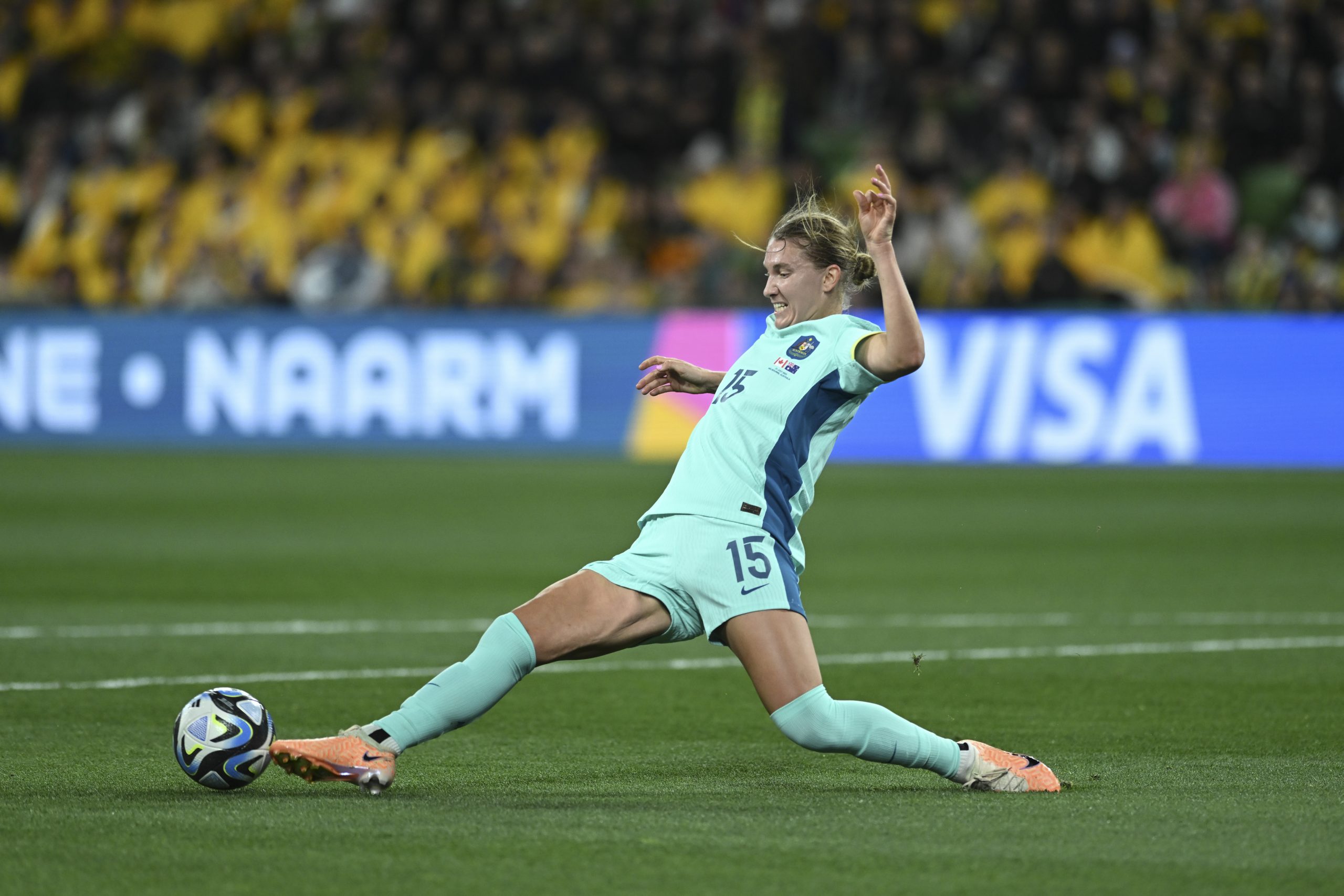 Clare Hunt of Australia in action during the FIFA Women's World Cup Australia and New Zealand 2023 Group B match between Canada and Australia at Melbourne Rectangular Stadium in Melbourne, Australia on July 31, 2023. (Photo by Mark Avellino/Anadolu Agency via Getty Images)
