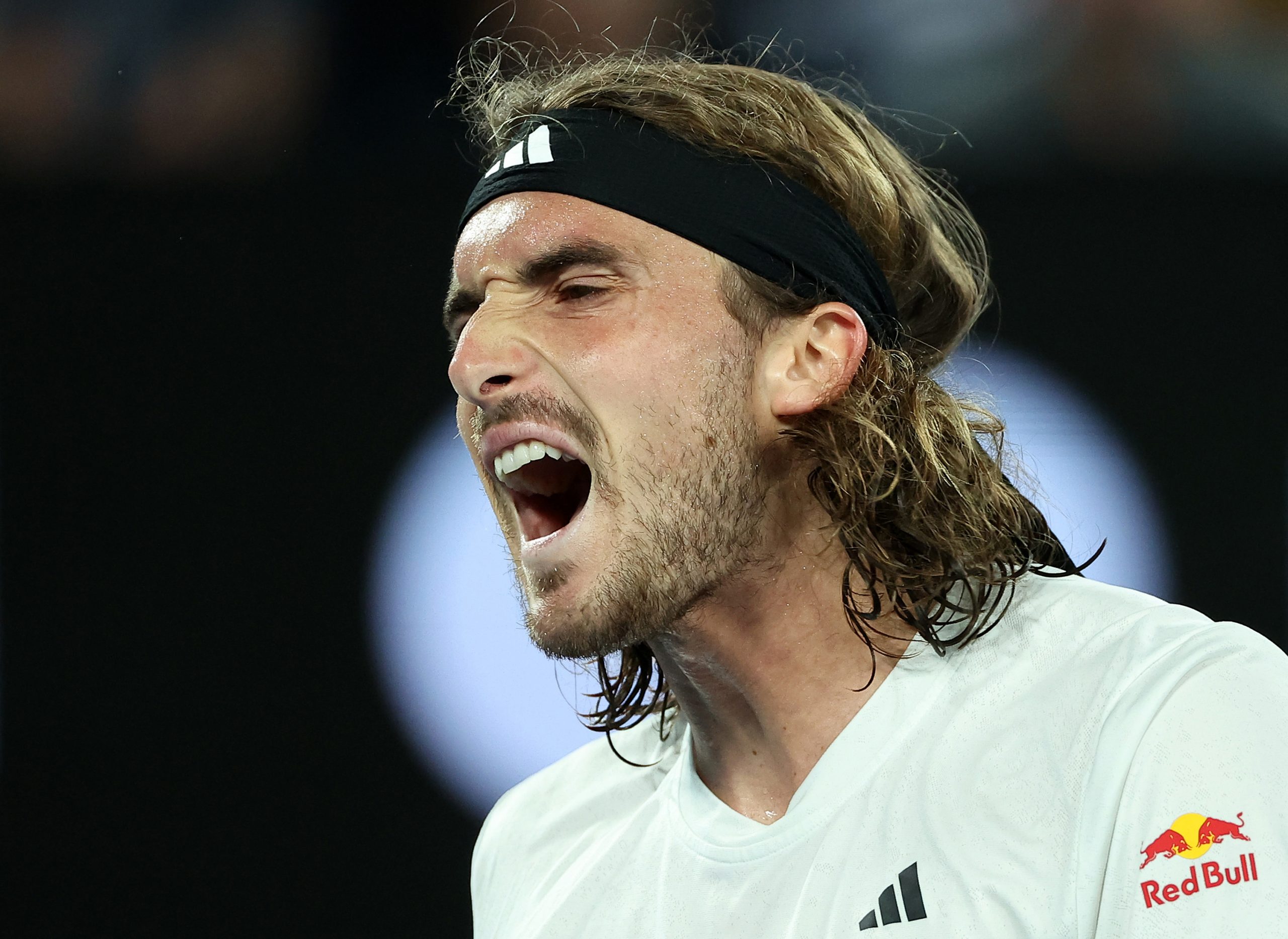 Stefanos Tsitsipas of Greece reacts in the Mens Singles Final against Novak Djokovic of Serbia during day 14 of the 2023 Australian Open at Melbourne Park on January 29, 2023 in Melbourne, Australia. (Photo by Cameron Spencer/Getty Images)