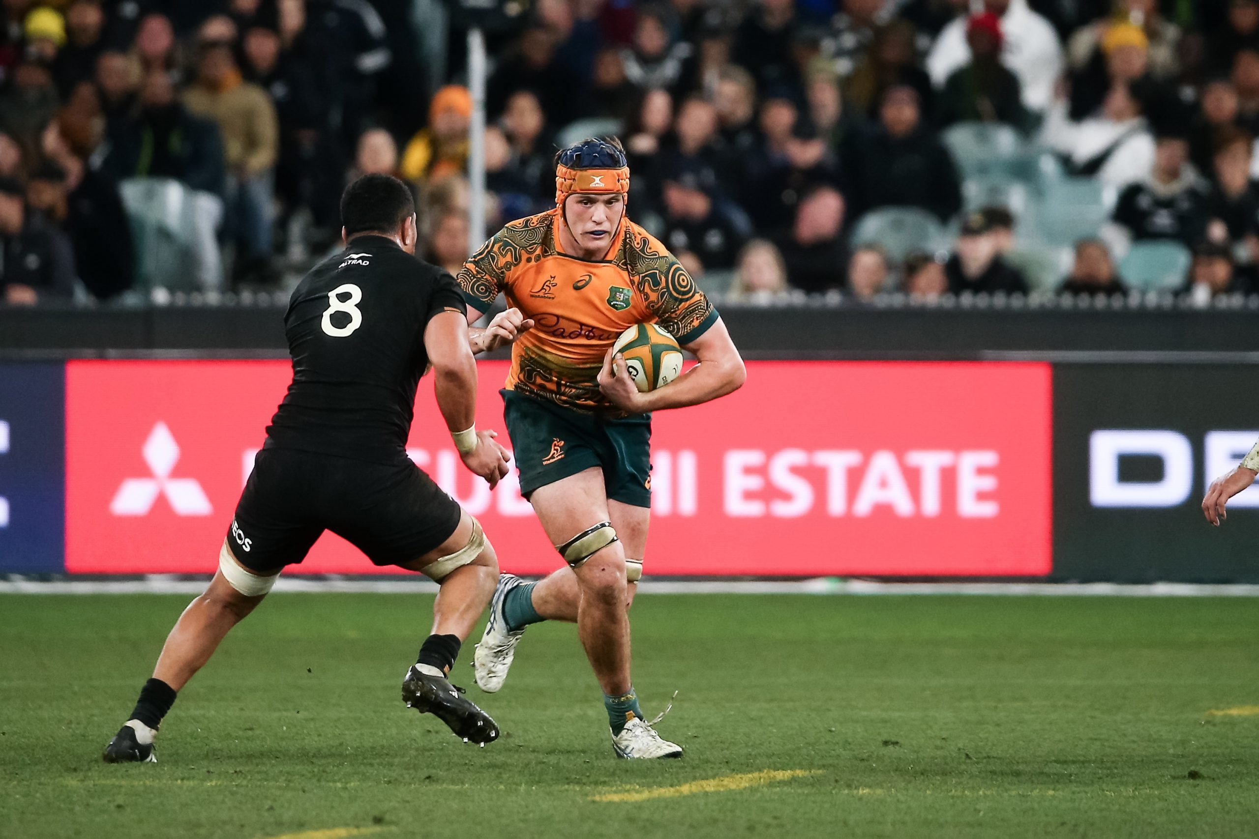 Tom Hooper of the Wallabies runs the ball during the Bledisloe Cup match.