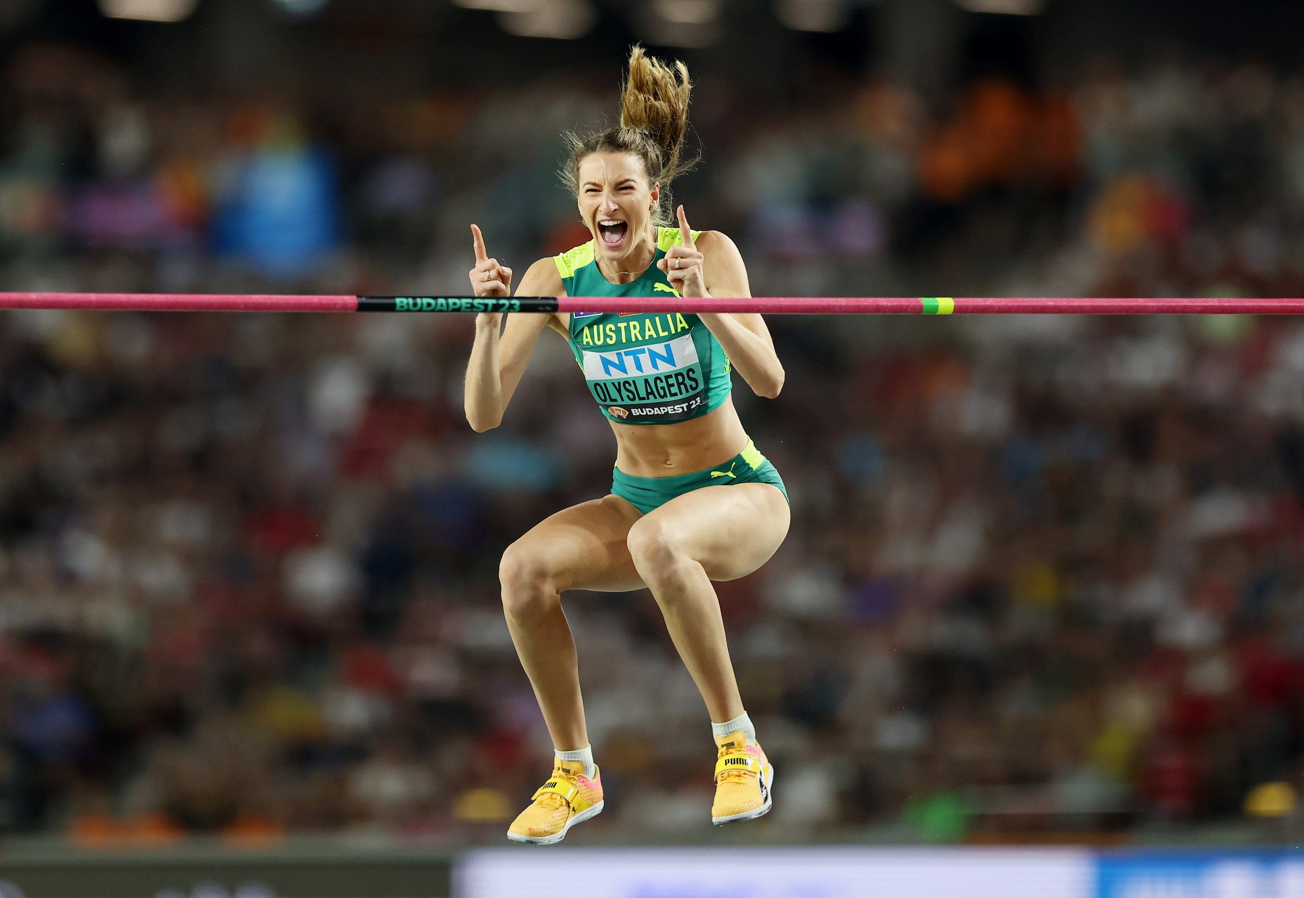 Nicola Olyslagers of Team Australia reacts in the Women's High Jump Final during day nine of the World Athletics Championships Budapest 2023 at National Athletics Centre on August 27, 2023 in Budapest, Hungary. (Photo by Stephen Pond/Getty Images for World Athletics)