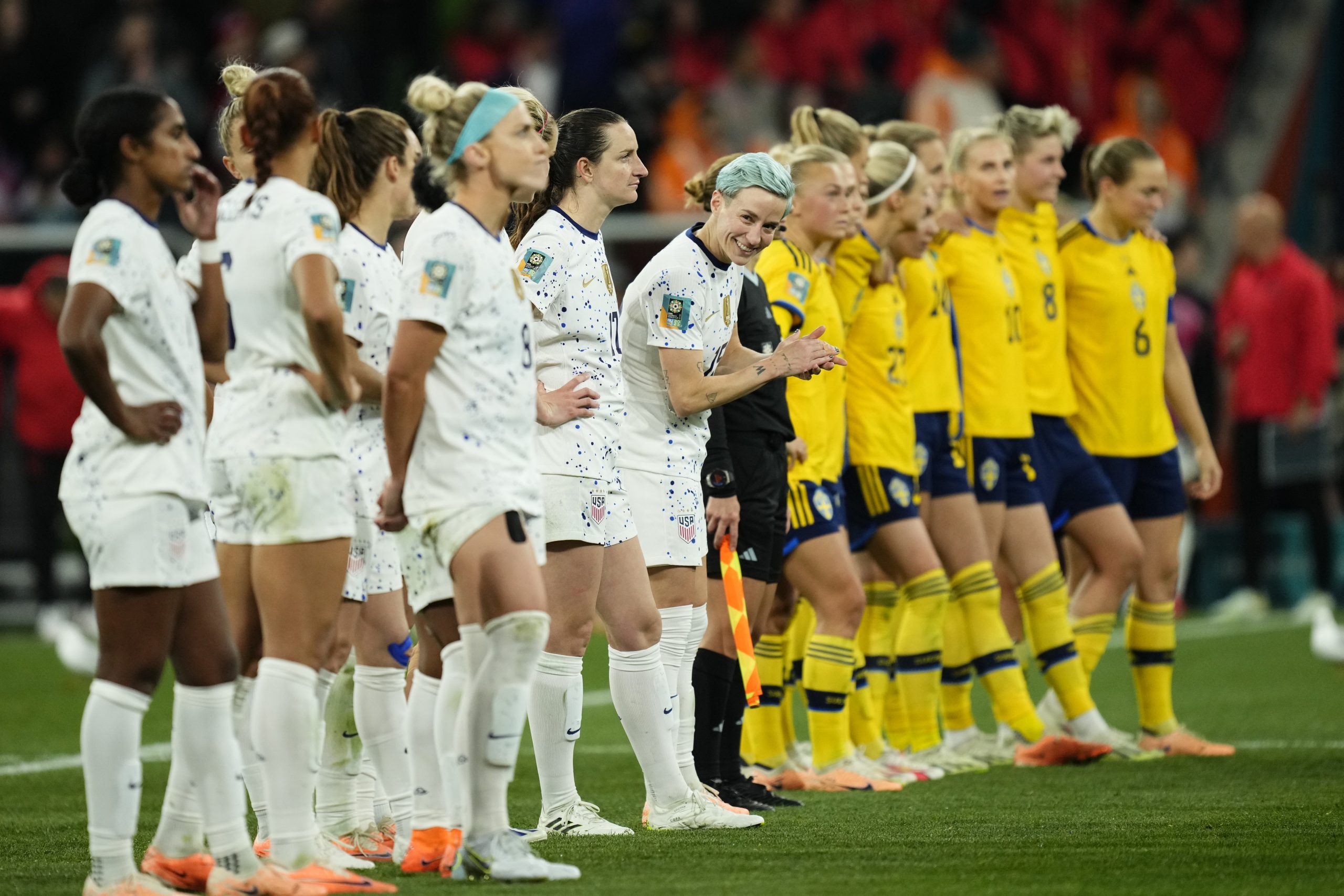 Megan Rapinoe of USA and OL Reign before the penalty shootout during the FIFA Women's World Cup Australia &amp; New Zealand 2023 Round of 16 match between Winner Group G and Runner Up Group E at Melbourne Rectangular Stadium on August 6, 2023 in Melbourne, Australia. (Photo by Jose Breton/Pics Action/NurPhoto via Getty Images)