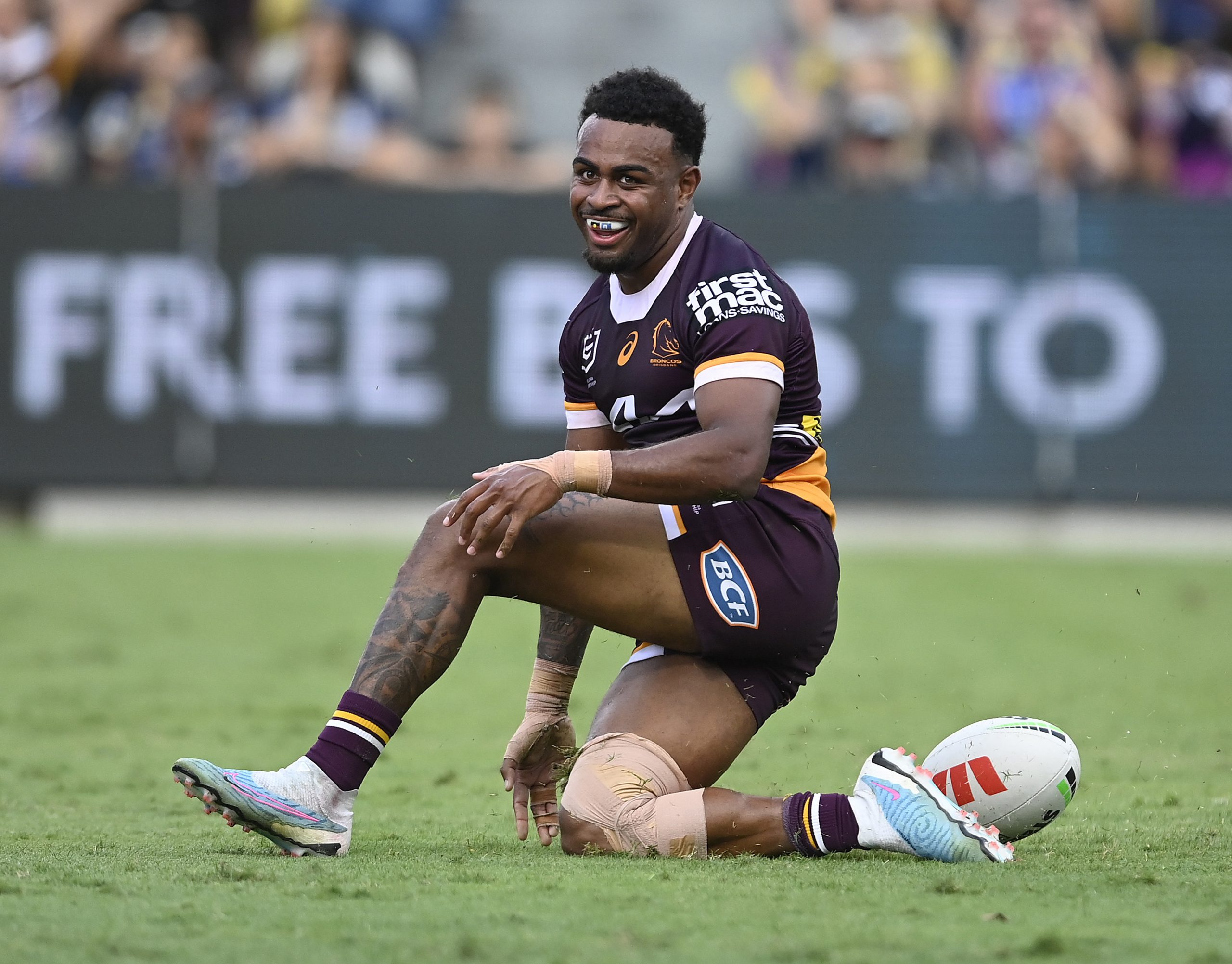 Ezra Mam of The Broncos celebrates after scoring a try  during the round 23 NRL match between North Queensland Cowboys and Brisbane Broncos at Qld Country Bank Stadium on August 05, 2023 in Townsville, Australia. (Photo by Ian Hitchcock/Getty Images)