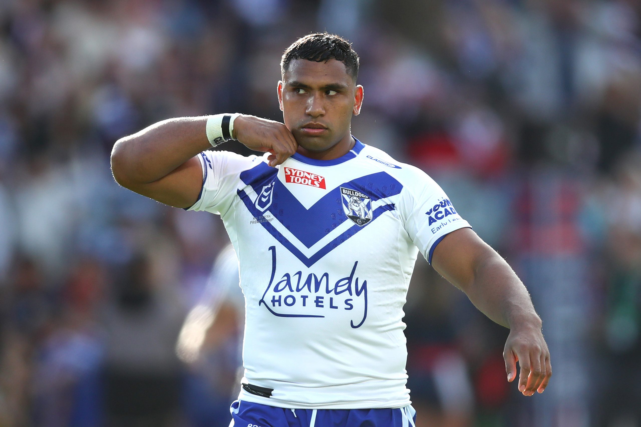 Tevita Pangai Junior of the Bulldogs looks on during the round 14 NRL match between Sydney Roosters and Canterbury Bulldogs at Central Coast Stadium on June 04, 2023 in Gosford, Australia. (Photo by Jason McCawley/Getty Images)