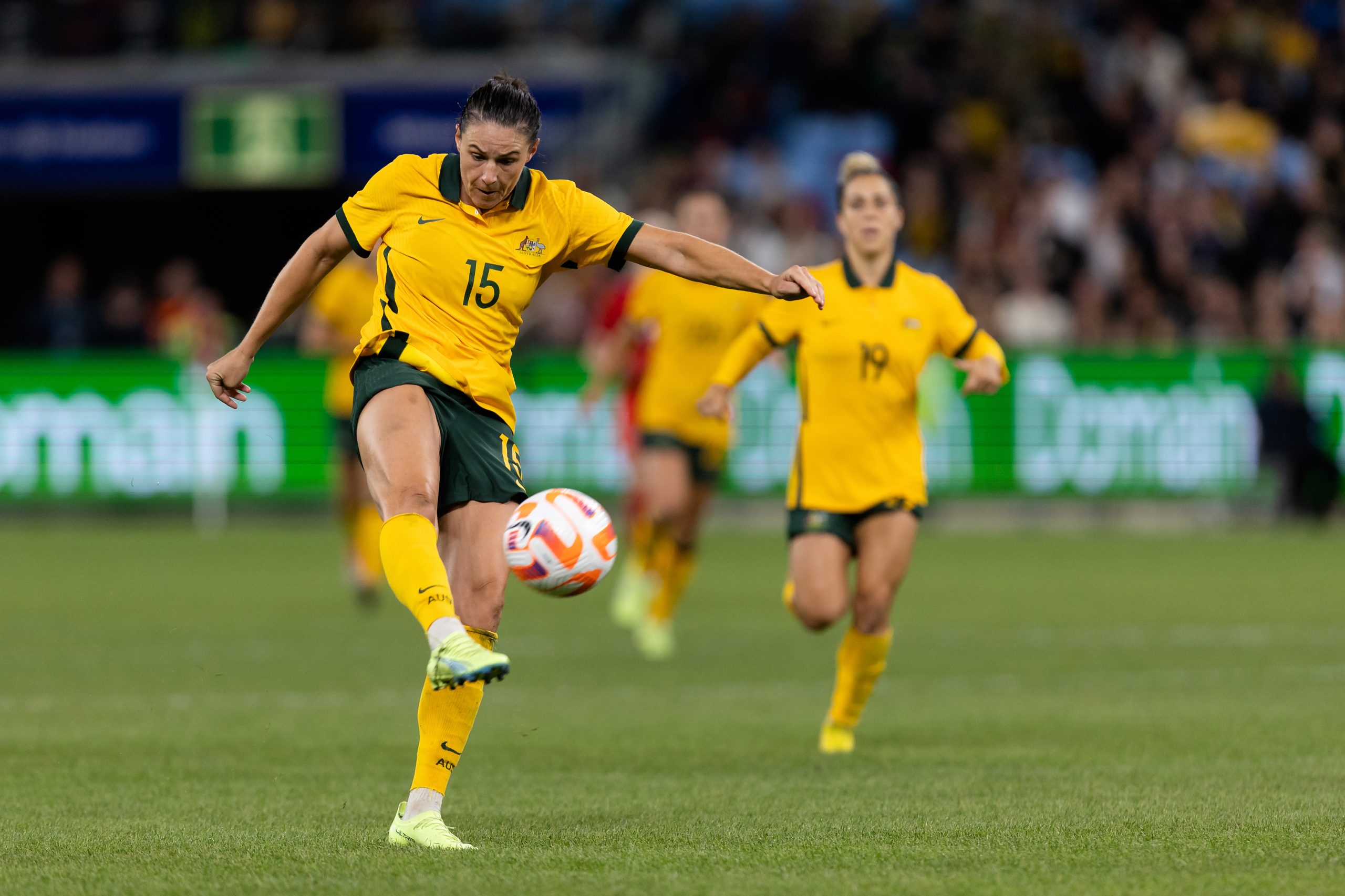 Emily Gielnik of Australia shoots at goal during the Women's International football match between the Australian Matildas and Canada at Allianz Stadium on September 06, 2022 in Sydney, Australia. (Photo by Damian Briggs/Speed Media/Icon Sportswire via Getty Images)
