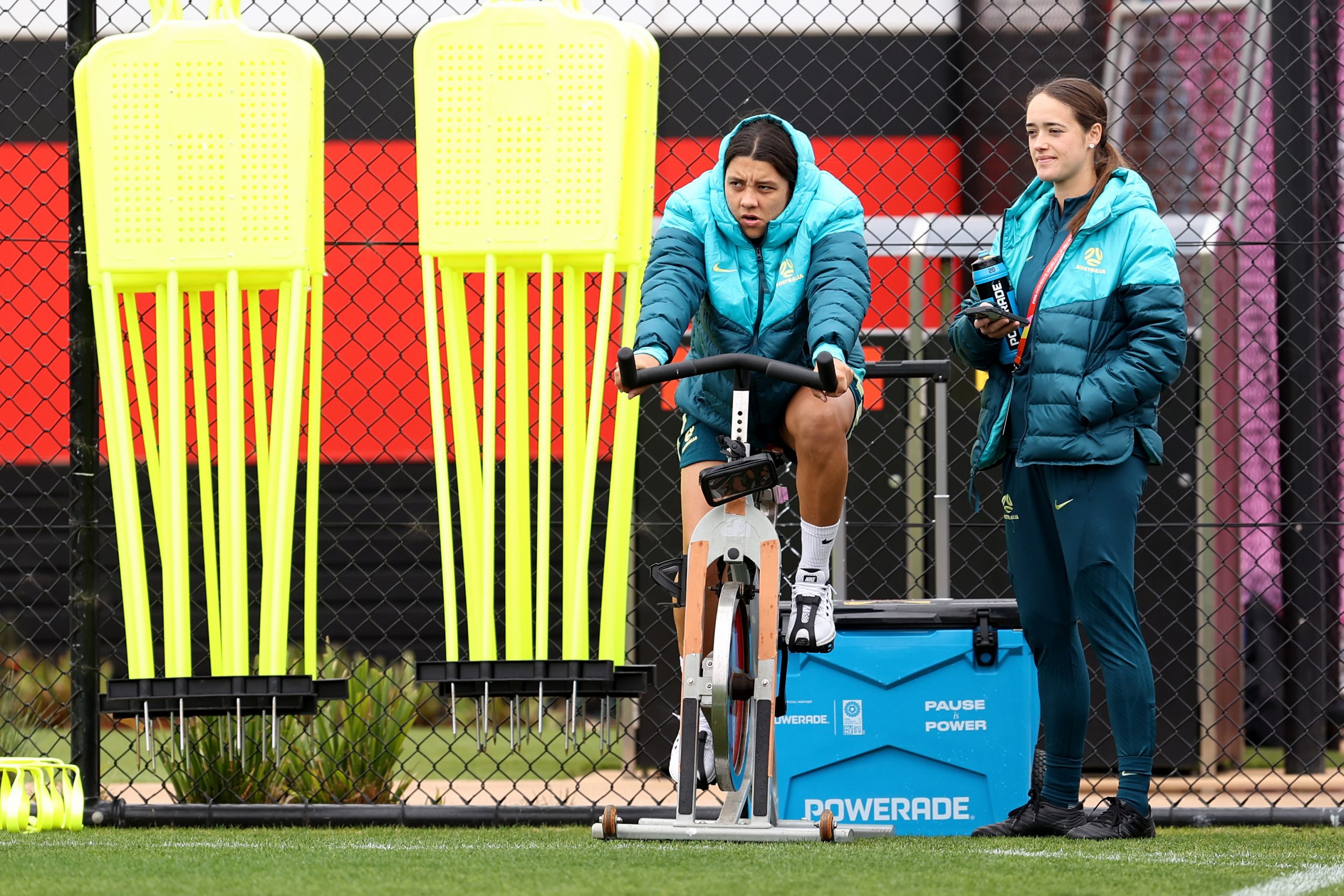 SYDNEY, AUSTRALIA - AUGUST 06: Sam Kerr of Australia uses an exercise bike during an Australia Matildas training session during the the FIFA Women's World Cup Australia & New Zealand 2023 at  on August 06, 2023 in Sydney, Australia. (Photo by Brendon Thorne/Getty Images)