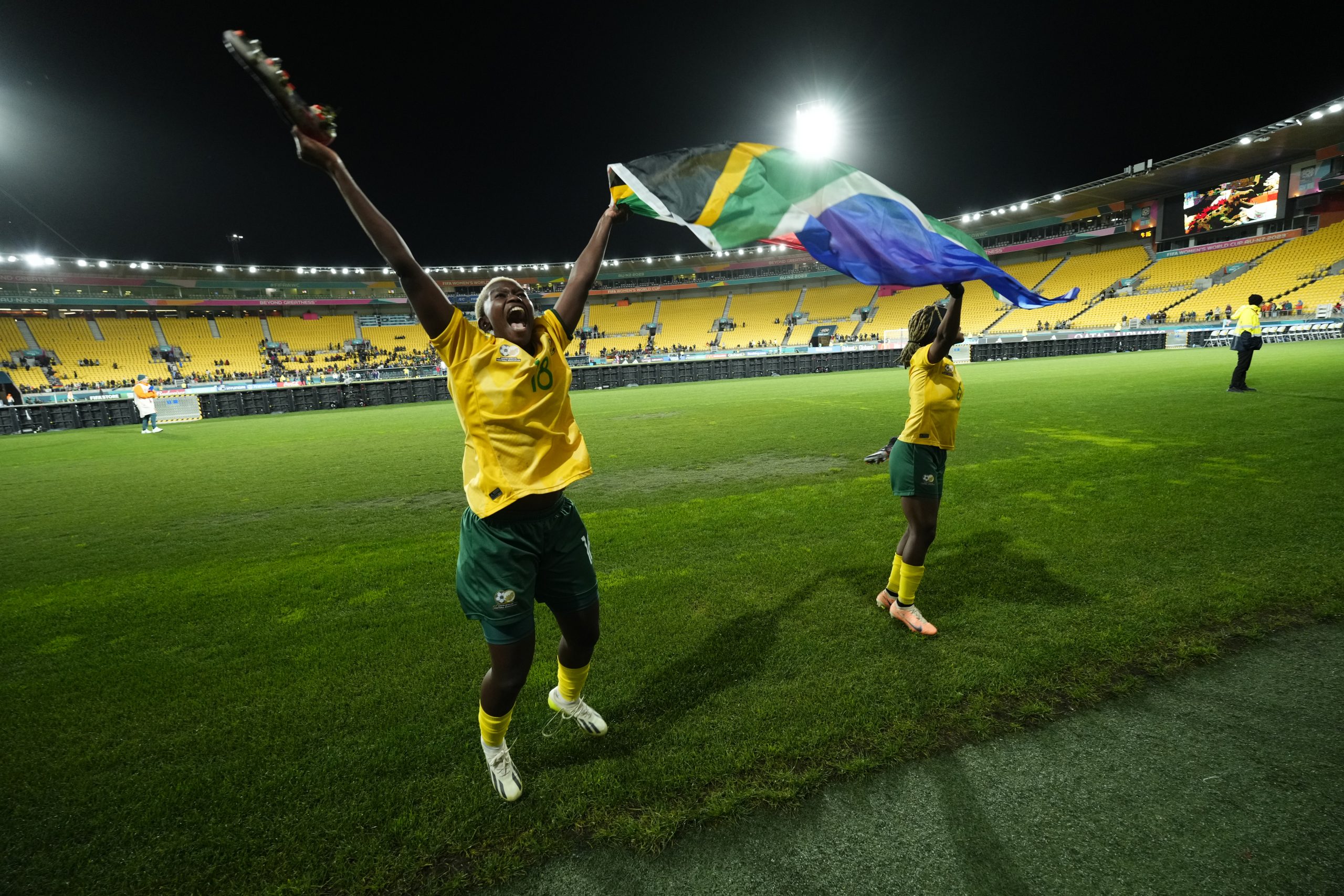 South Africa players celebrate victory after the FIFA Women's World Cup Australia &amp; New Zealand 2023 Group G match between South Africa and Italy at Wellington Regional Stadium on August 2, 2023 in Wellington, New Zealand. (Photo by Jose Breton/Pics Action/NurPhoto via Getty Images)