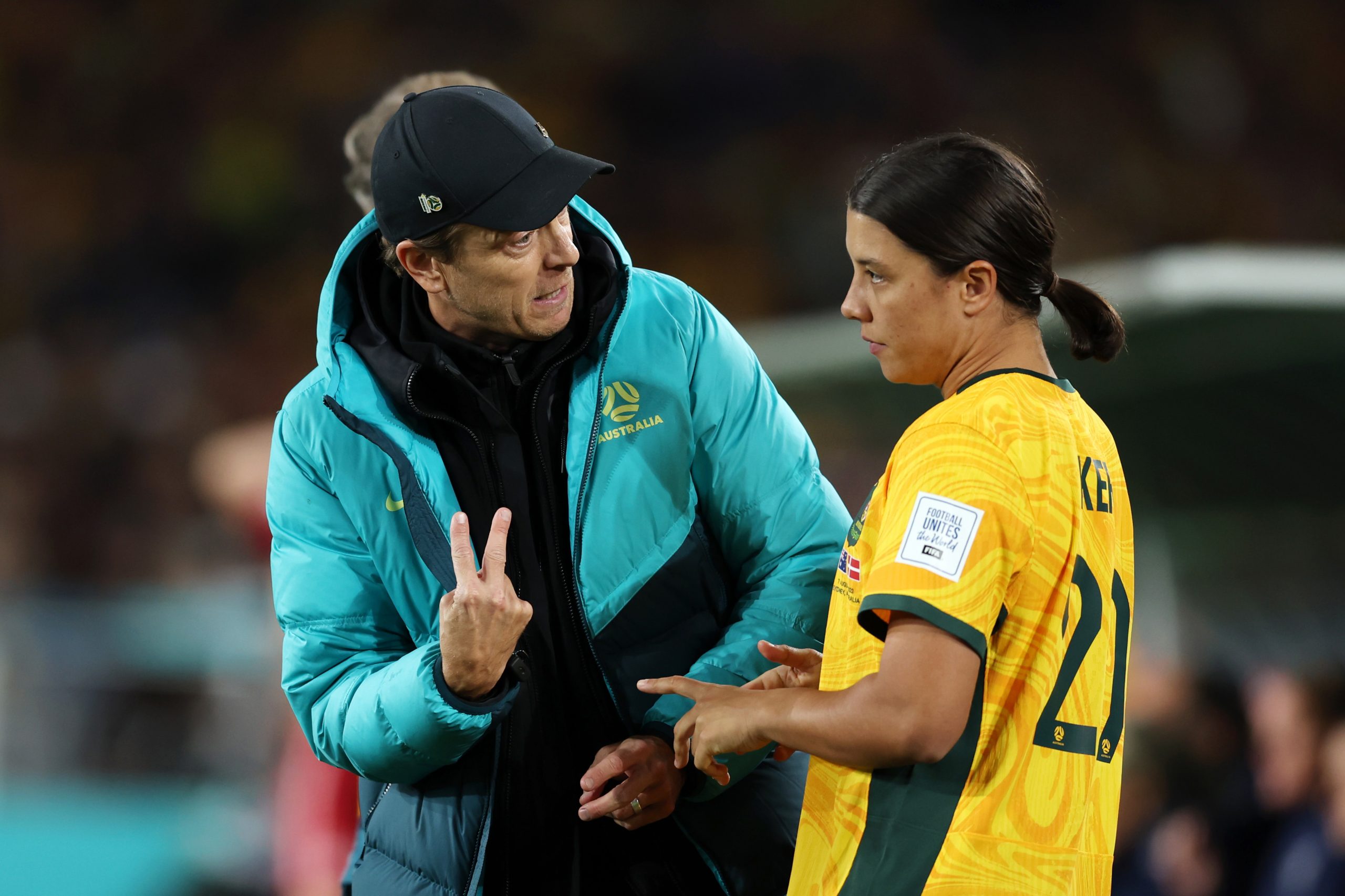 SYDNEY, AUSTRALIA - AUGUST 07: Sam Kerr of Australia is instructed by head coach Tony Gustavsson before brought in  during the FIFA Women's World Cup Australia & New Zealand 2023 Round of 16 match between Australia and Denmark at Stadium Australia on August 07, 2023 in Sydney / Gadigal, Australia. (Photo by Matt King - FIFA/FIFA via Getty Images)