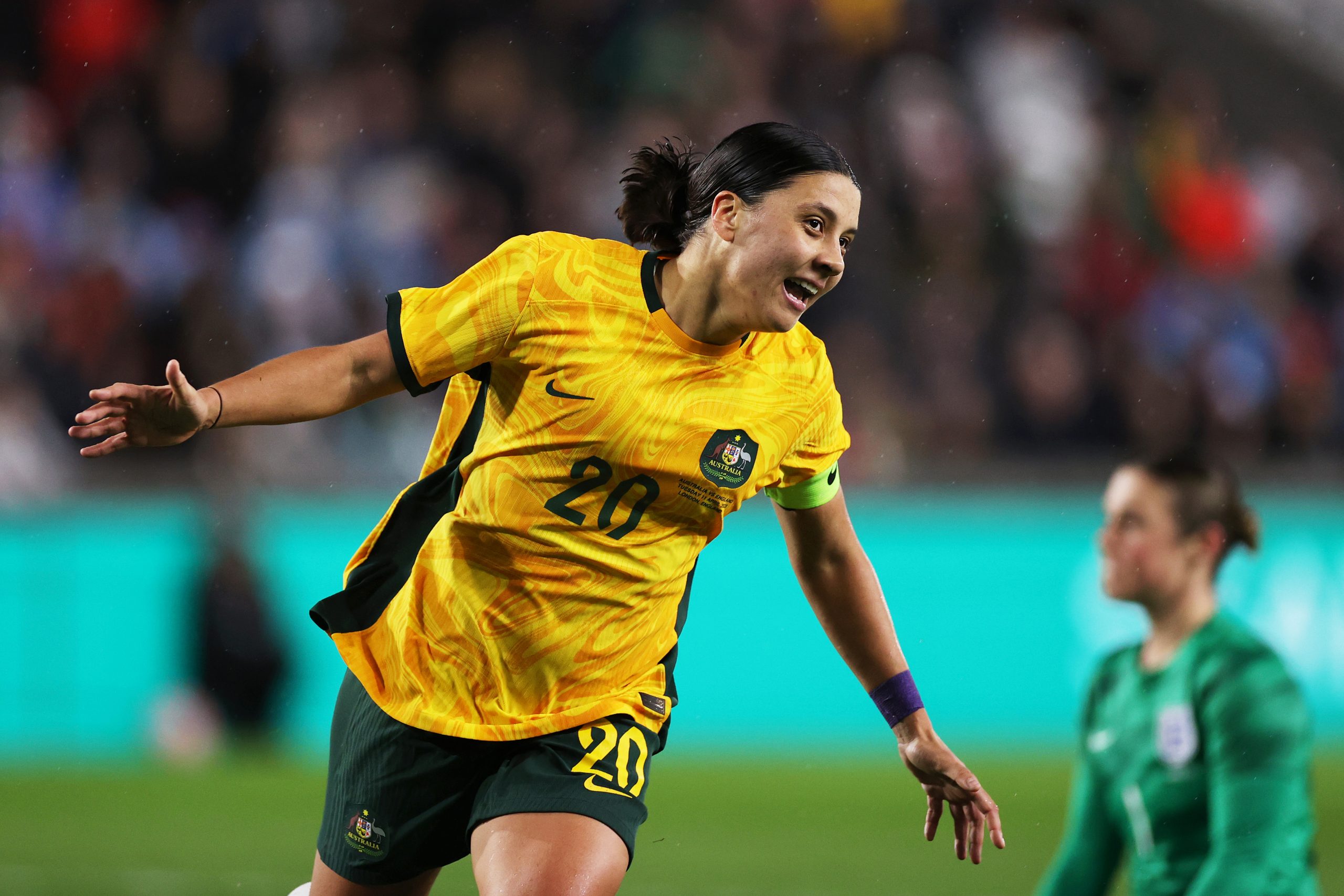 Sam Kerr of Australia celebrates after scoring the team's first goal.
