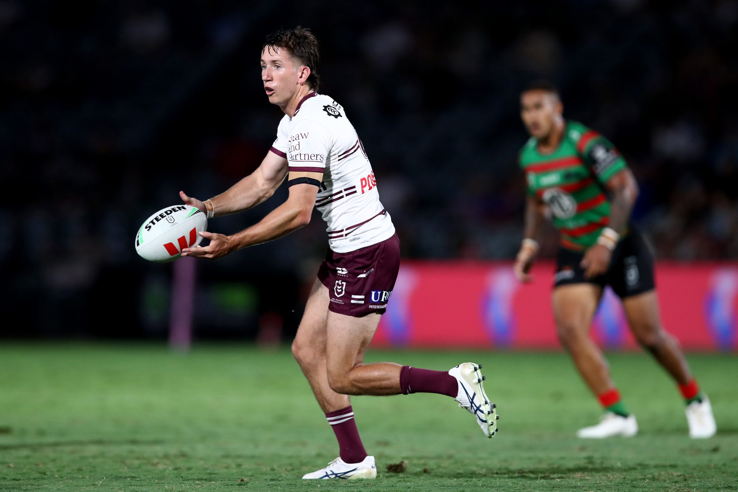 Cooper Johns of the Sea Eagles passes during the South Sydney Rabbitohs and the Manly Sea Eagles at Industree Group Stadium on February 10, 2023 in Gosford, Australia. (Photo by Jason McCawley/Getty Images)