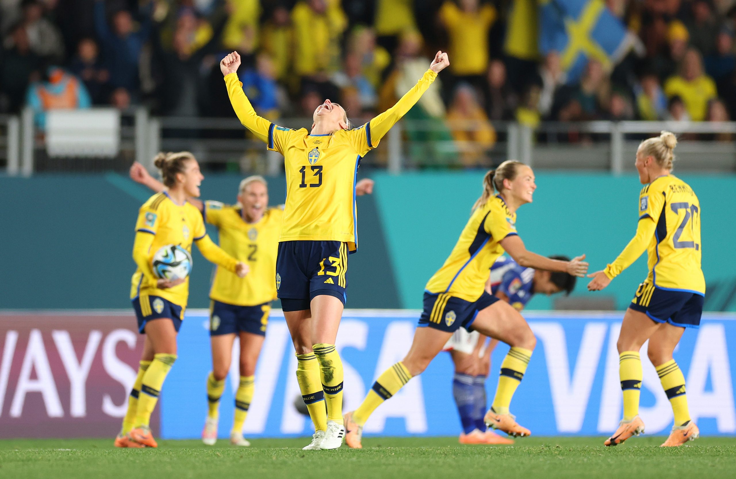 AUCKLAND, NEW ZEALAND - AUGUST 11: Amanda Ilestedt of Sweden celebrates her team's 2-1 victory and advance to the semi final following the FIFA Women's World Cup Australia & New Zealand 2023 Quarter Final match between Japan and Sweden at Eden Park on August 11, 2023 in Auckland, New Zealand. (Photo by Phil Walter/Getty Images)