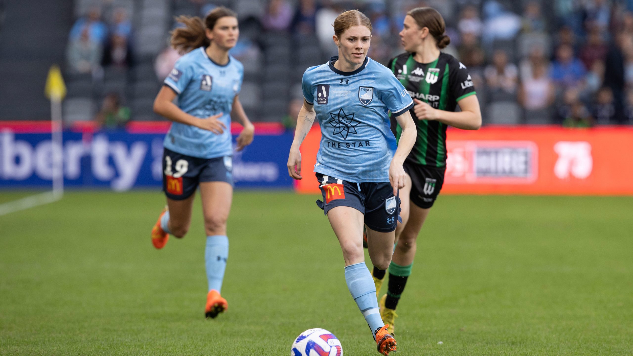Matildas star Cortnee Vine dribbles the ball for Sydney FC in the A-League Women's grand final against Western United at CommBank Stadium on April 30, 2023, in Sydney, Australia.