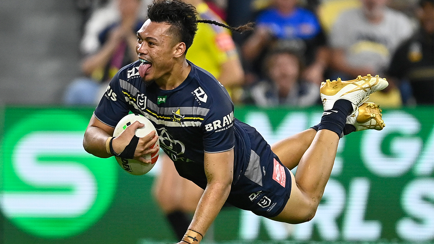 Jeremiah Nanai of the Cowboys scores a try during the round 18 NRL match between North Queensland Cowboys and Wests Tigers.