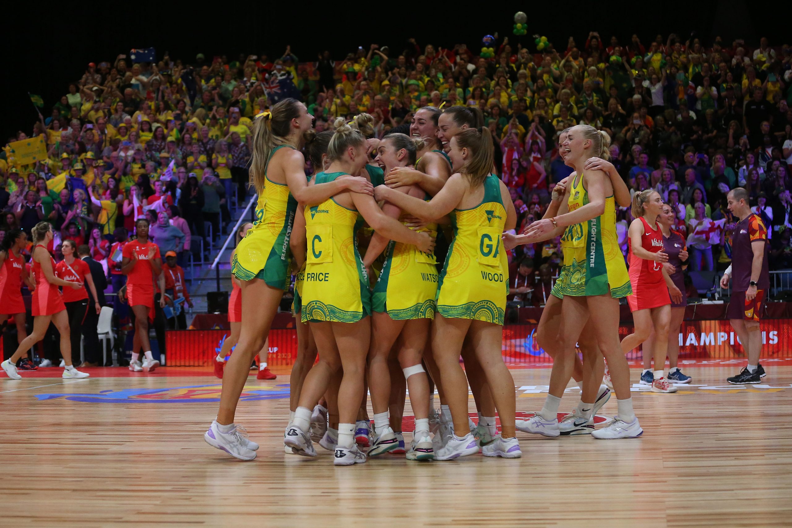 Australia celebrate winning the Netball World Cup 2023, final match between England and Australia at Cape Town International Convention Centre, Court 1 on August 06, 2023 in Cape Town, South Africa. (Photo by Shaun Roy/Gallo Images/Netball World Cup 2023 via Getty Images)