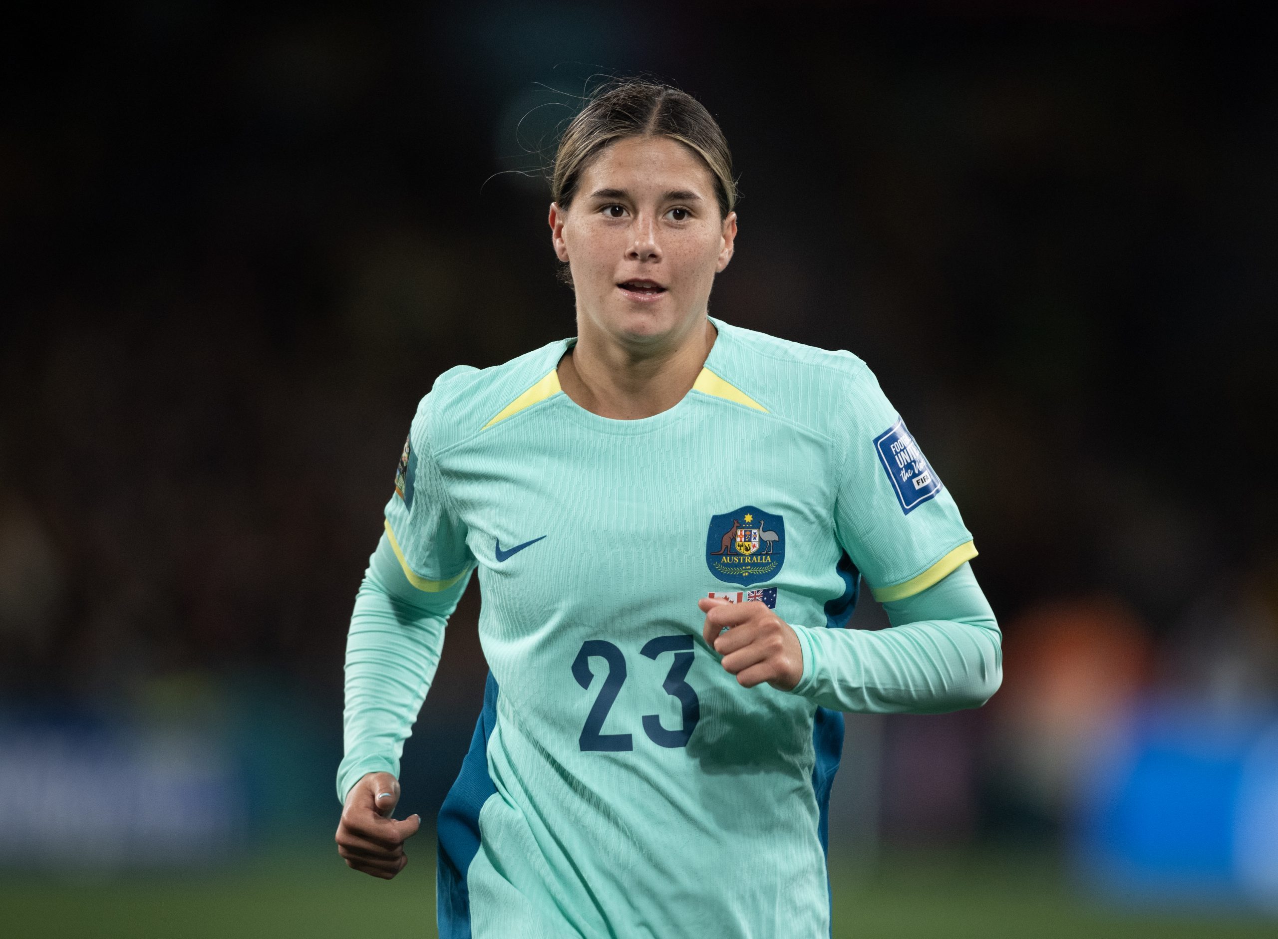 Kyra Cooney-Cross of Australia in action during the FIFA Women's World Cup Australia & New Zealand 2023 Group B match between Canada and Australia at Melbourne Rectangular Stadium on July 31, 2023 in Melbourne, Australia. (Photo by Joe Prior/Visionhaus via Getty Images) 