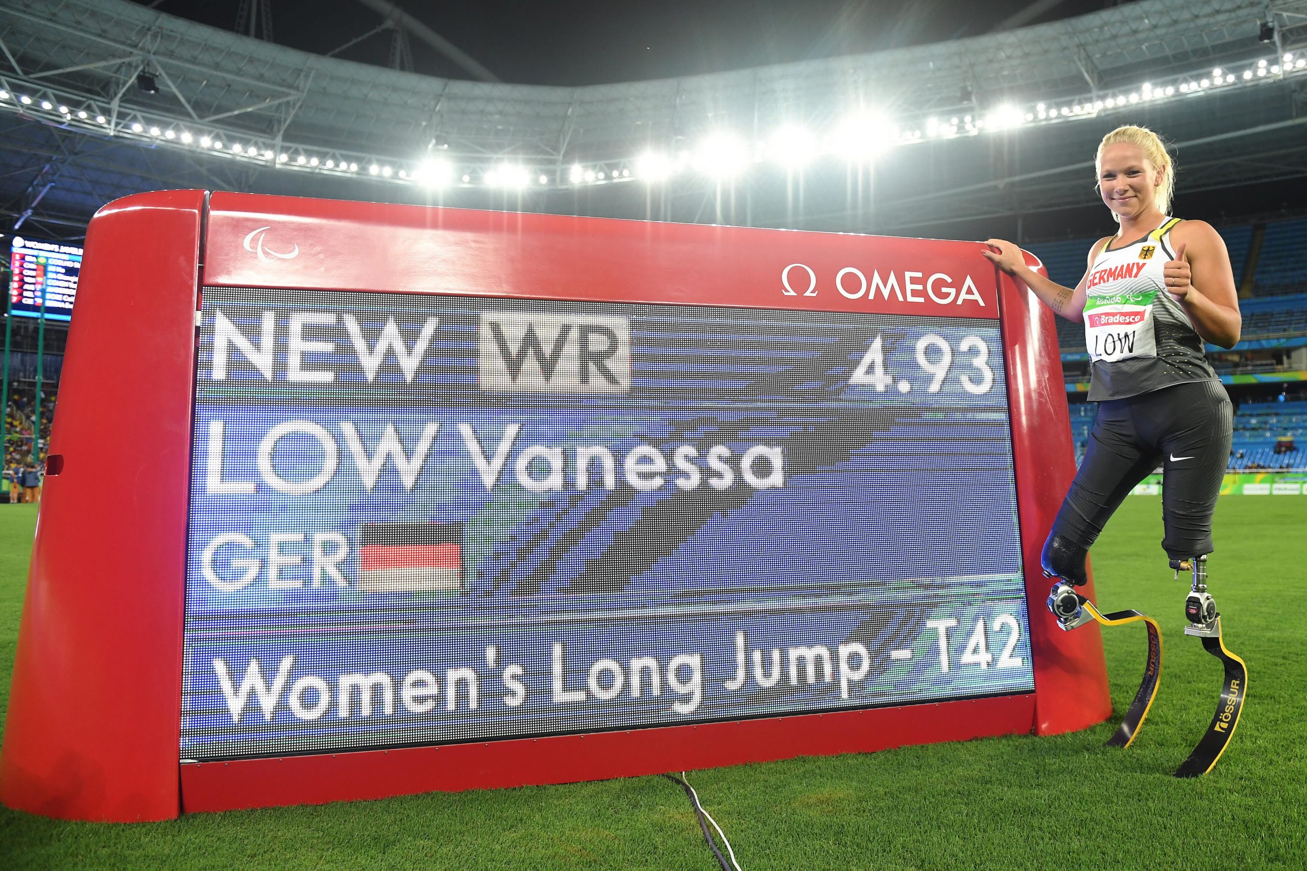 Vanessa Low of Germany poses after setting a world record for the women's long jump - T42 final on day 3 of the Rio 2016 Paralympic Games at Olympic stadium on September 10, 2016 in Rio de Janeiro, Brazil.  (Photo by Atsushi Tomura/Getty Images for Tokyo 2020)