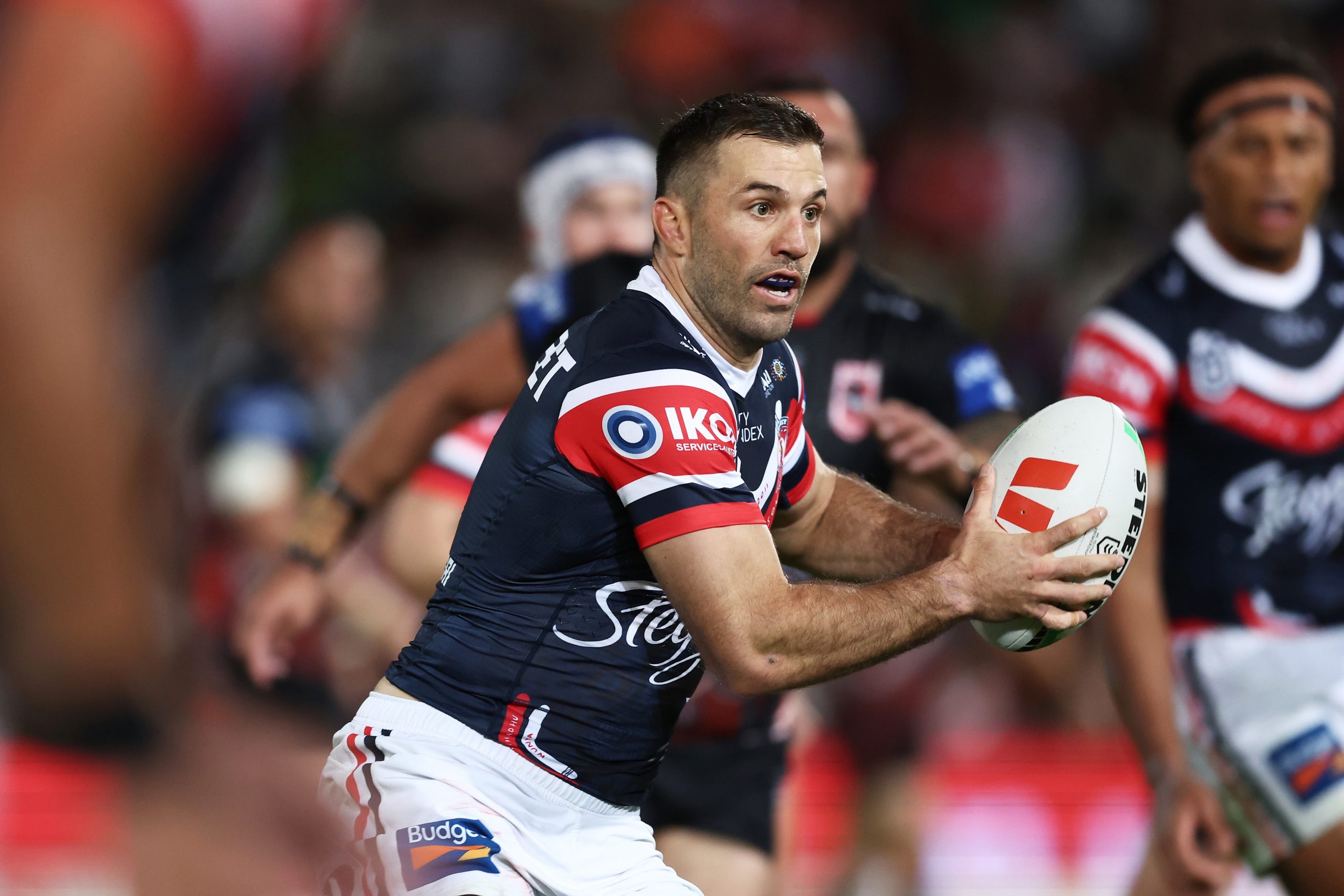 James Tedesco of the Roosters runs with the ball during the round 12 NRL match between St George Illawarra Dragons and Sydney Roosters at Netstrata Jubilee Stadium on May 19, 2023 in Sydney, Australia. (Photo by Matt King/Getty Images)