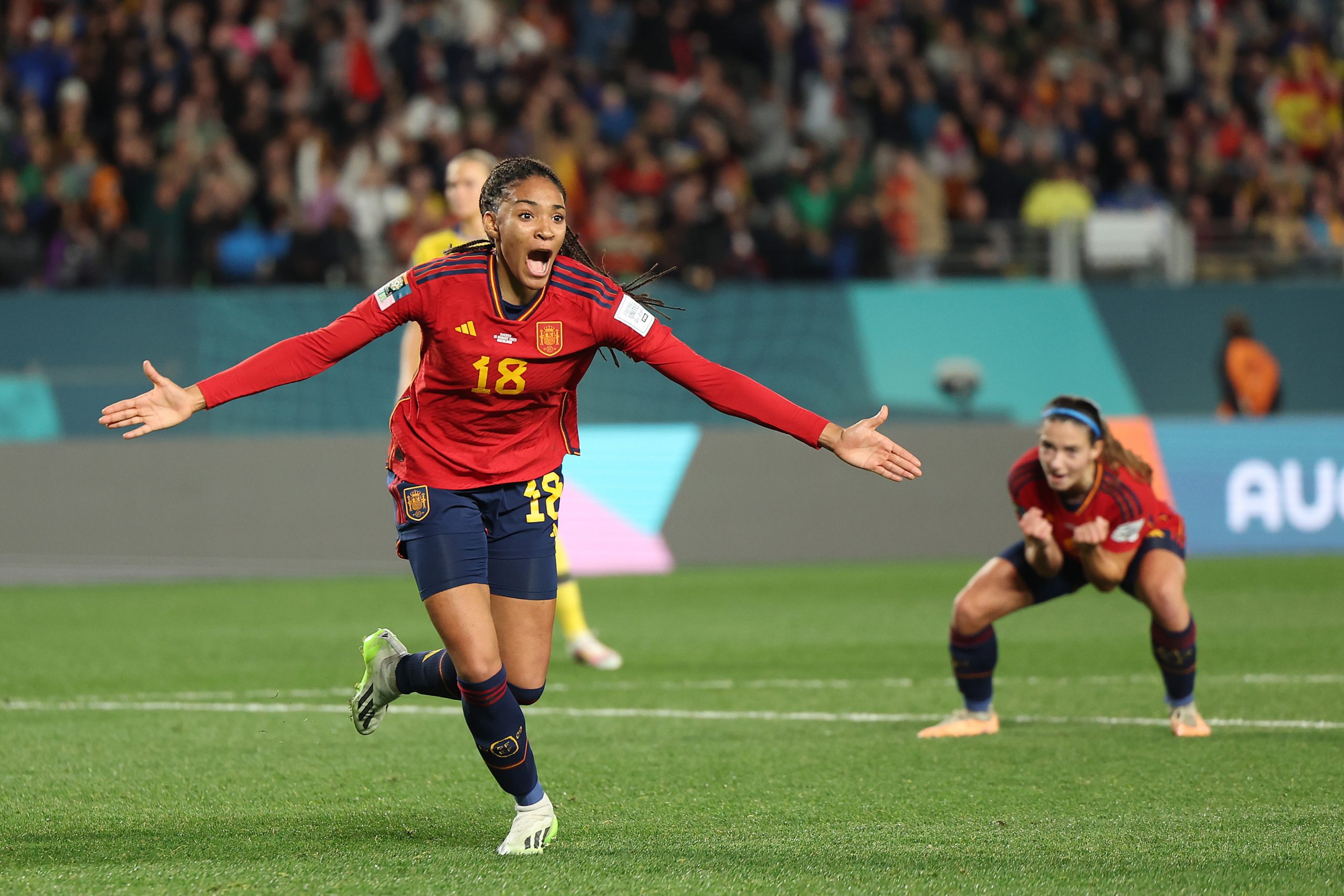 Salma Paralluelo of Spain celebrates after scoring her team's first goal during the FIFA Women's World Cup Australia & New Zealand 2023 Semi Final match between Spain and Sweden at Eden Park on August 15, 2023 in Auckland, New Zealand. (Photo by Phil Walter/Getty Images)