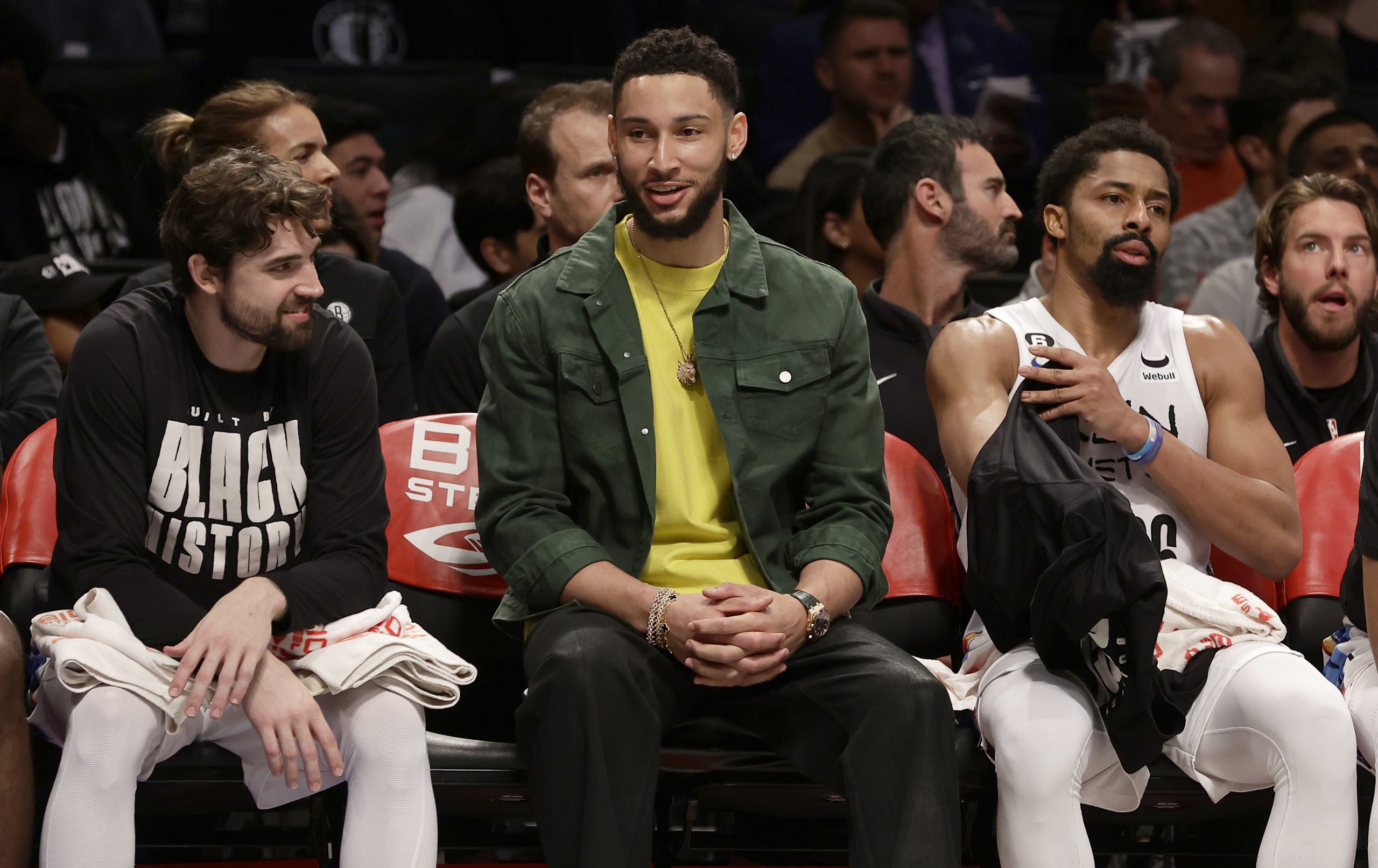 Ben Simmons pictured on the bench in street clothes during the 2022-23 season with the Brooklyn Nets