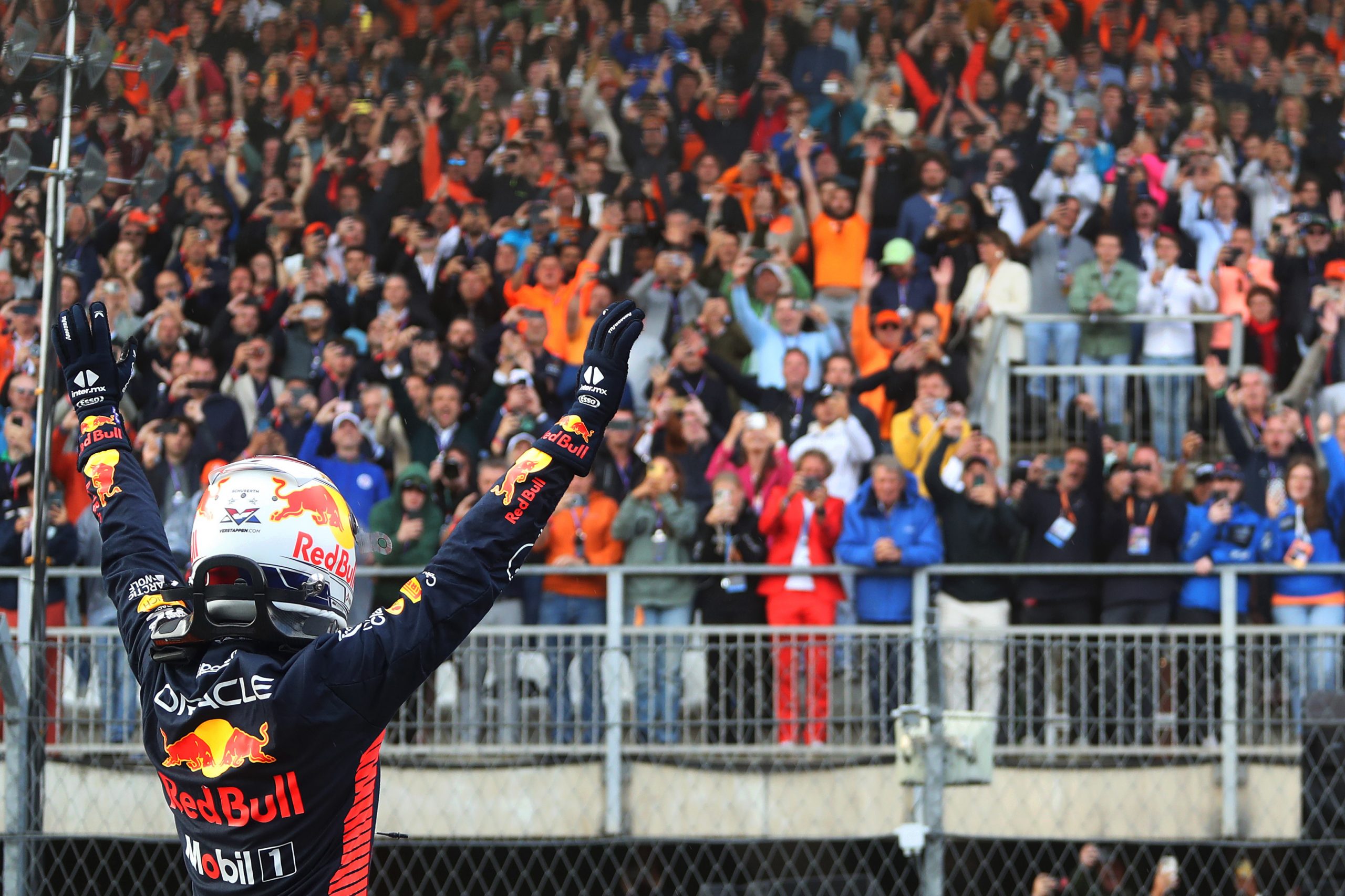 Race winner Max Verstappen of the Netherlands and Oracle Red Bull Racing celebrates in parc ferme during the F1 Grand Prix of The Netherlands at Circuit Zandvoort on August 27, 2023 in Zandvoort, Netherlands. (Photo by Peter Fox/Getty Images)