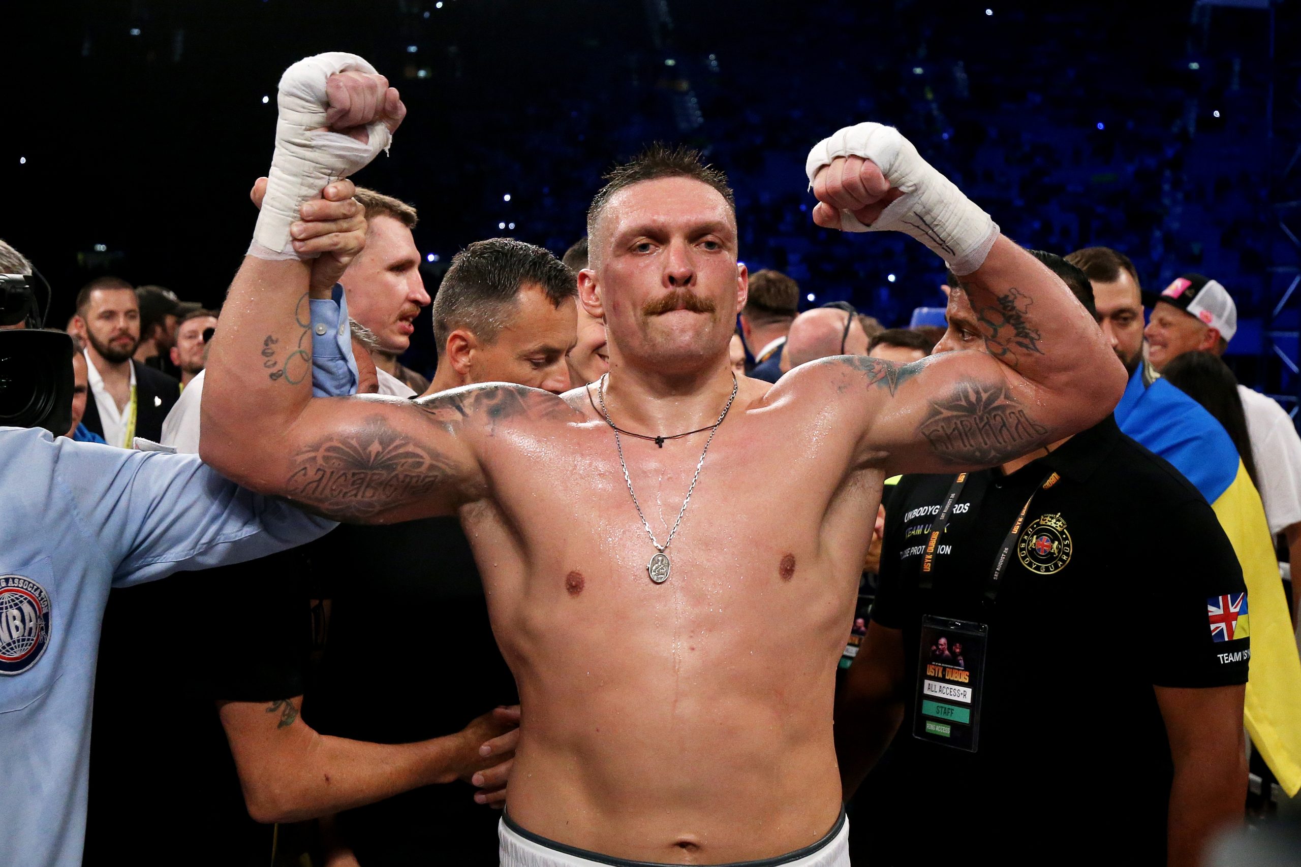 Oleksandr Usyk celebrates after being awarded victory after defeating Daniel Dubois during the Heavyweight fight between Oleksandr Usyk and Daniel Dubois at Stadion Wroclaw on August 26, 2023 in Wroclaw, Poland. (Photo by Gabriel Kuchta/Getty Images)