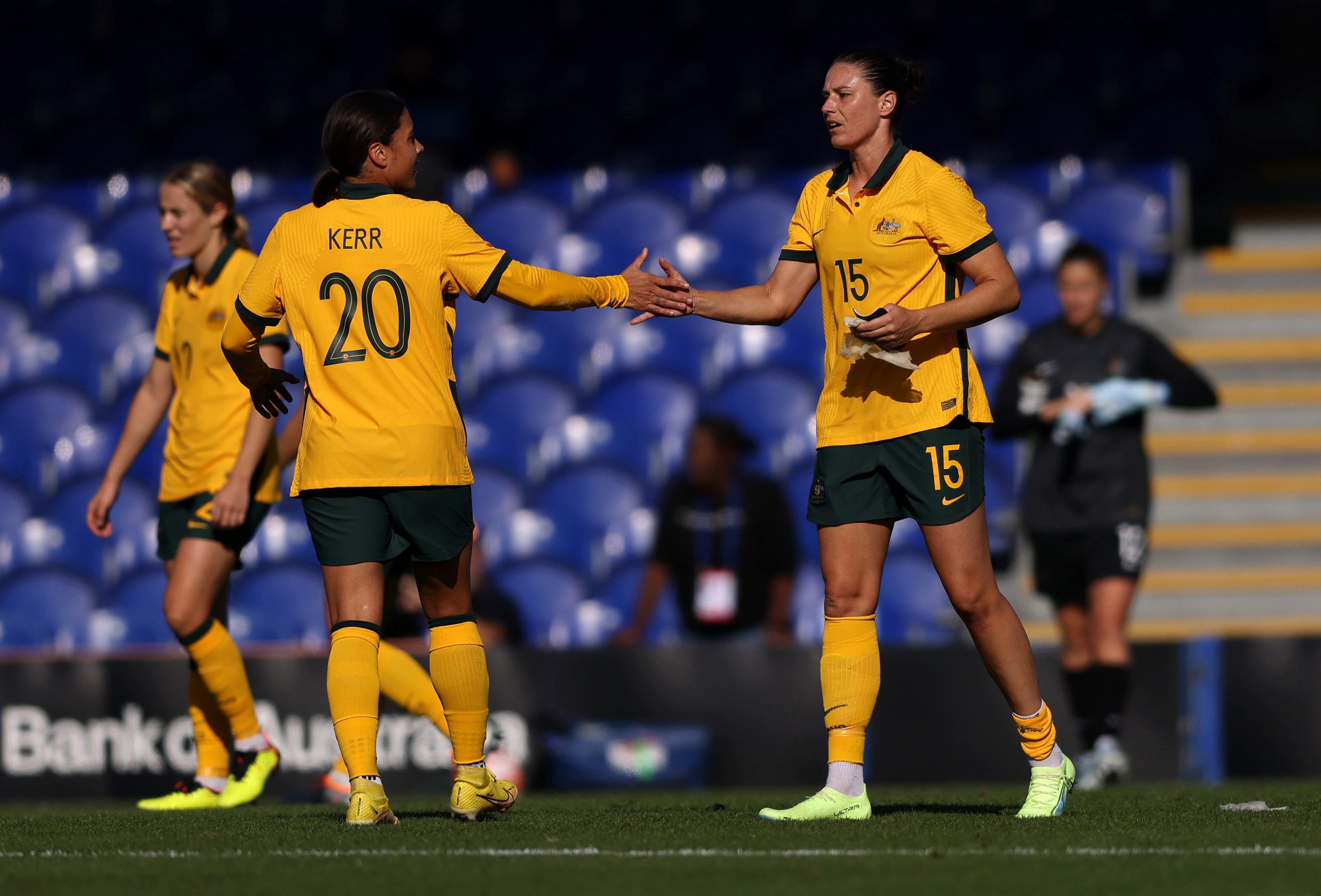 Sam Kerr and Emily Gielnik of Australia interact during the International Friendly match between CommBank Matildas and South Africa Women at Kingsmeadow on October 08, 2022 in Kingston upon Thames, England. (Photo by Paul Harding/Getty Images)