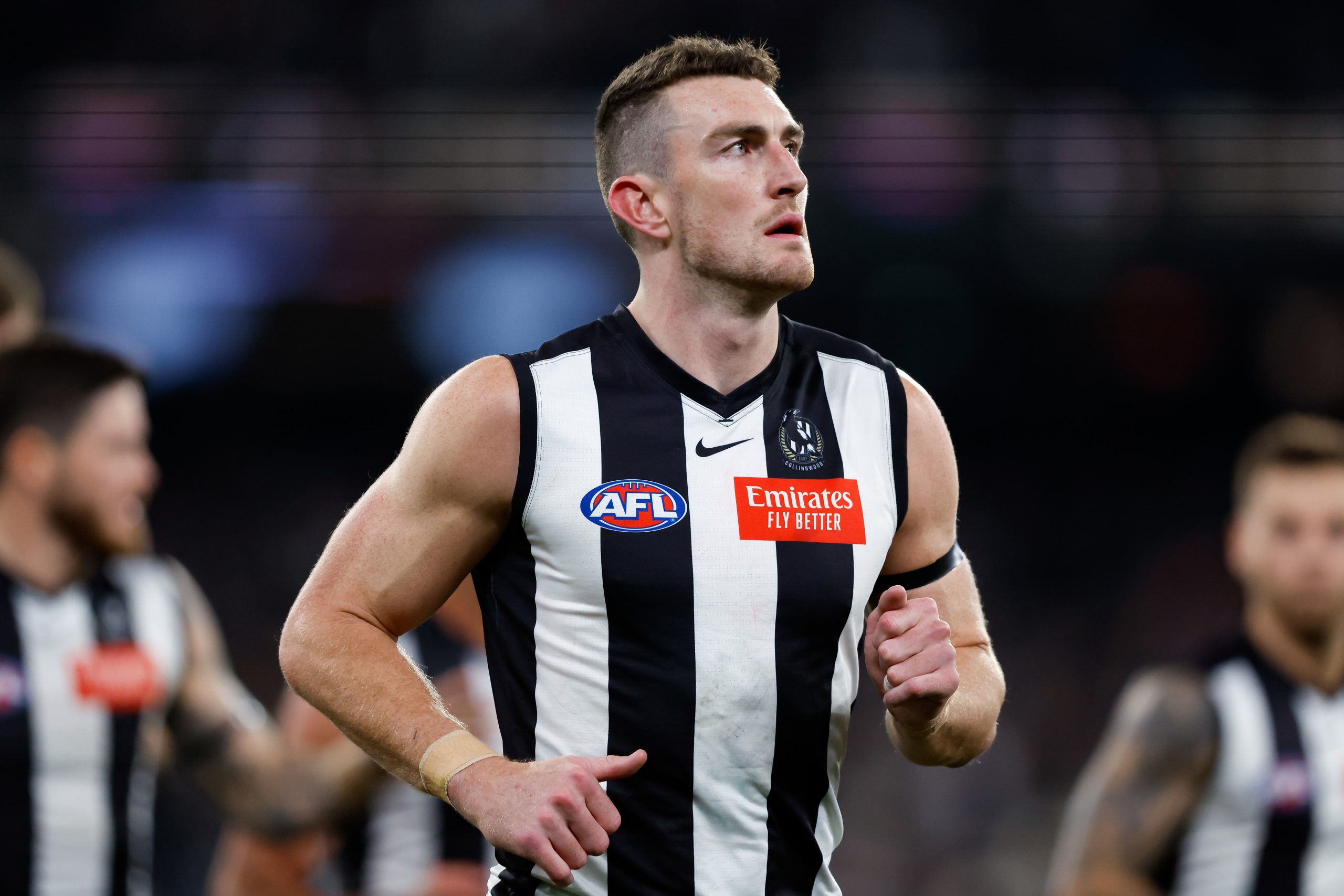 MELBOURNE, AUSTRALIA - SEPTEMBER 22: Daniel McStay of the Magpies is seen as the Magpies leave the field at half time during the 2023 AFL First Preliminary Final match between the Collingwood Magpies and the GWS GIANTS at Melbourne Cricket Ground on September 22, 2023 in Melbourne, Australia. (Photo by Dylan Burns/AFL Photos via Getty Images)