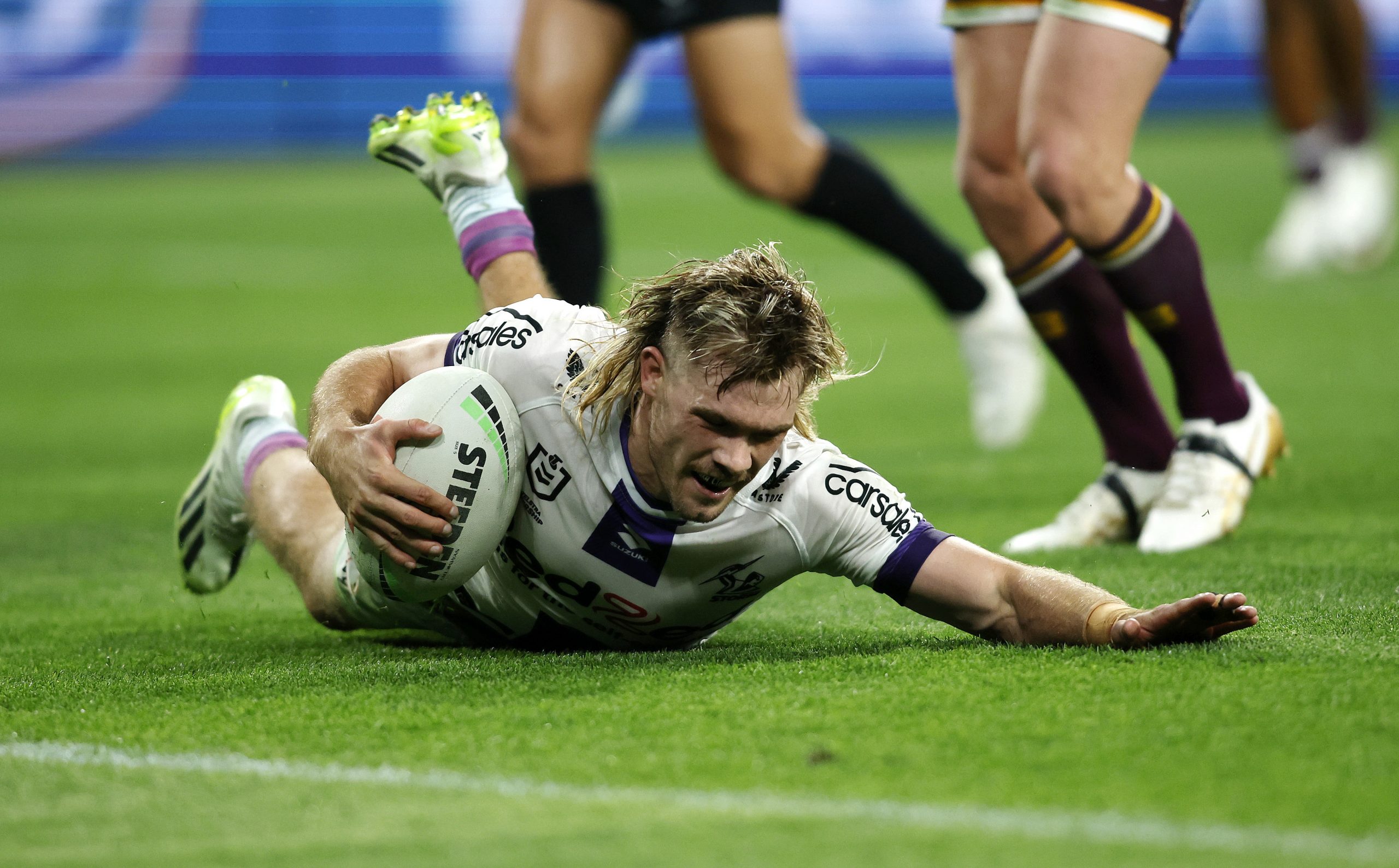 Ryan Papenhuyzen has scored his first try for the Storm since his comeback to the NRL.