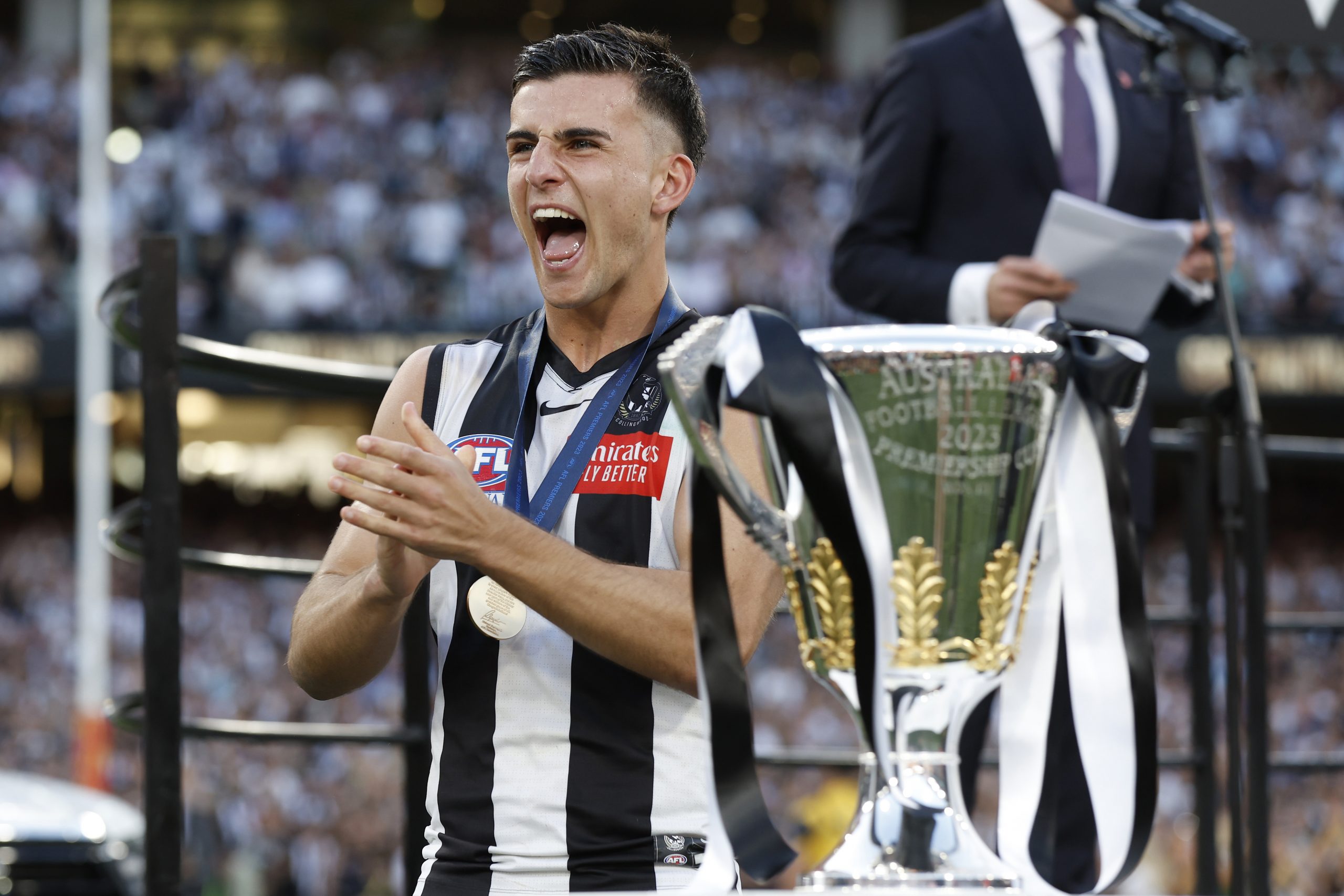 MELBOURNE, AUSTRALIA - SEPTEMBER 30: Nick Daicos of the Magpies celebrates after the 2023 AFL Grand Final match between Collingwood Magpies and Brisbane Lions at Melbourne Cricket Ground, on September 30, 2023, in Melbourne, Australia. (Photo by Darrian Traynor/AFL Photos/via Getty Images)