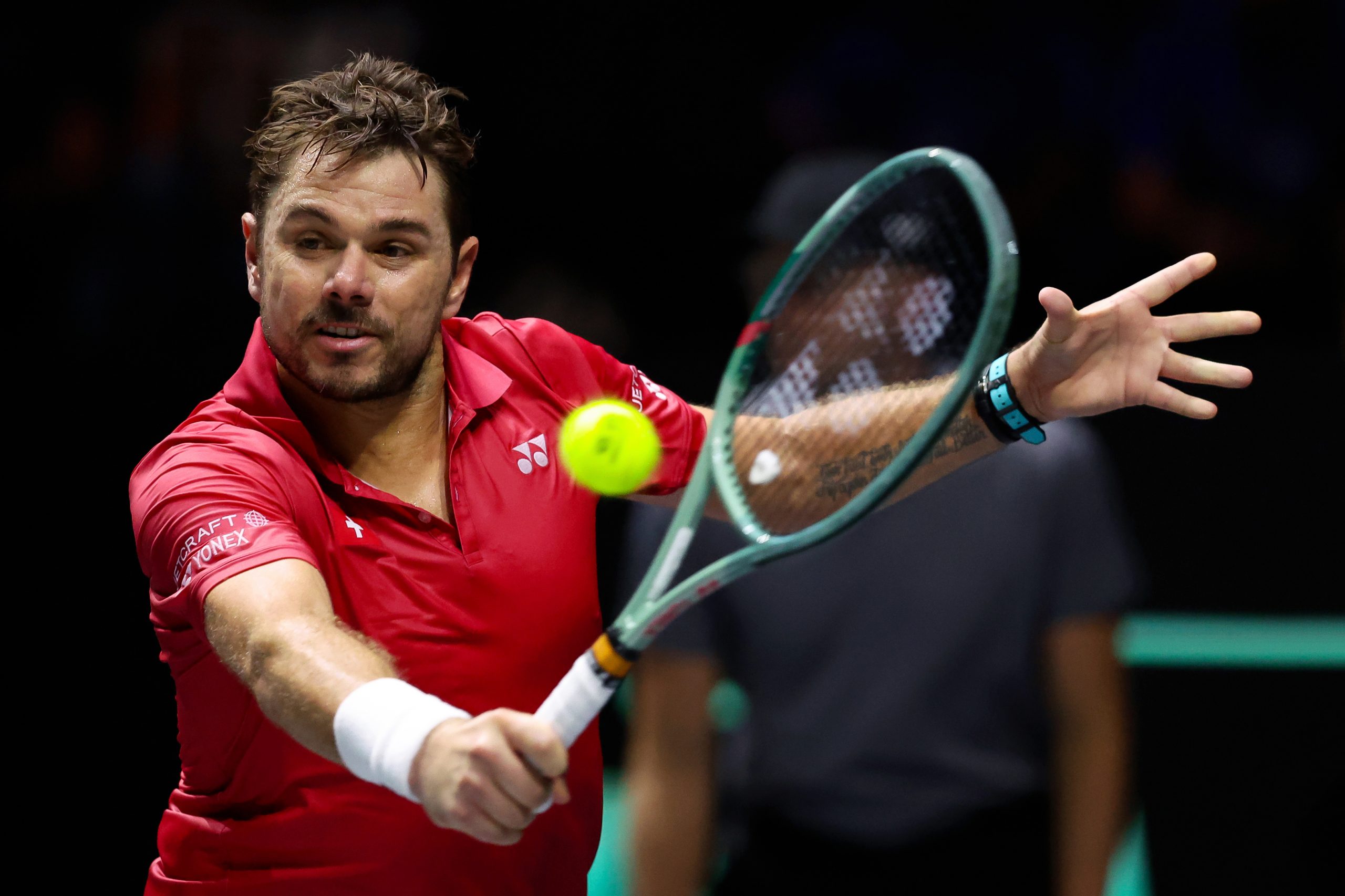 Stan Wawrinka of Team Switzerland plays a backhand during the Davis Cup finals group stage.