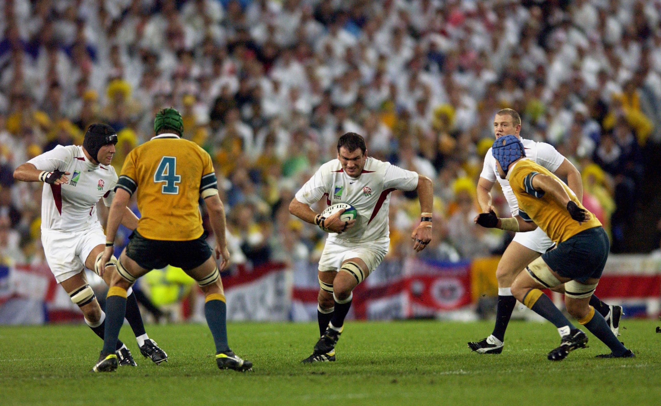 England's Martin Johnson on the attack in Sydney.