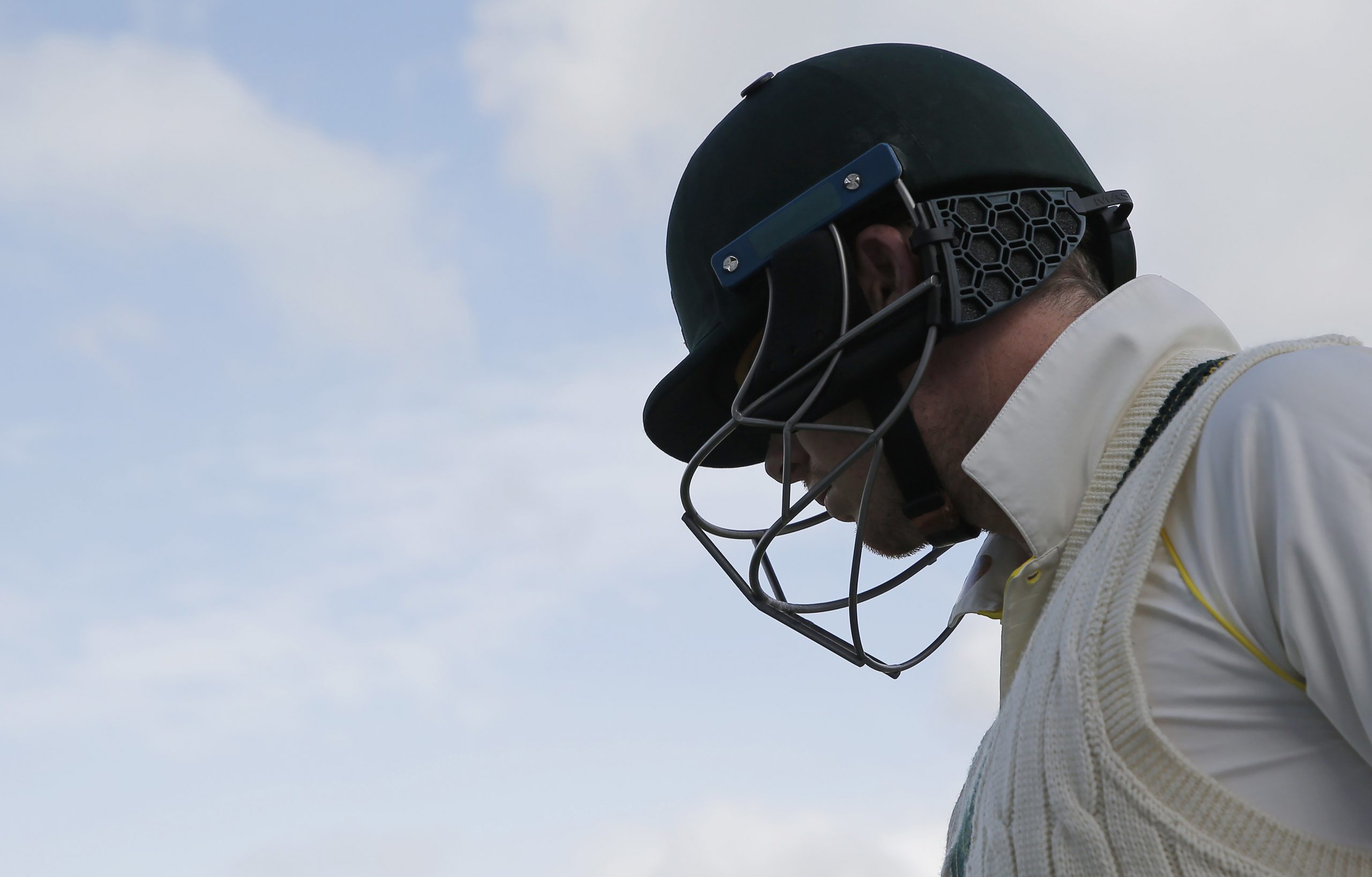 Australian batsman Steve Smith comes out to bat wearing his new helmet with neck protectors during day two of the England v Australia 4th Ashes test match at Old Trafford on September 5th 2019 in Manchester (Photo by Tom Jenkins)