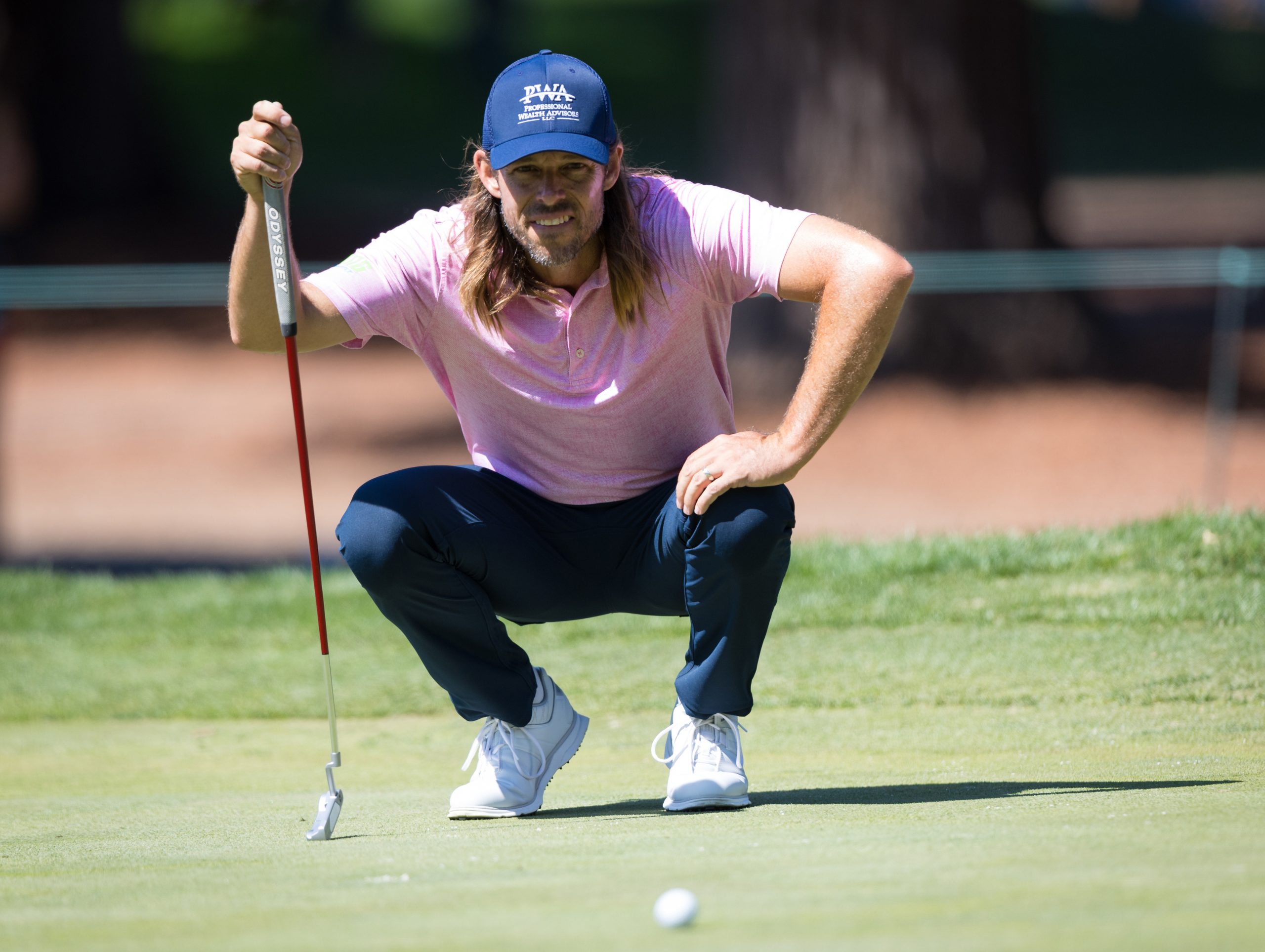 Aaron Baddeley of Australia lining up a putt on hole #7 during the first round of the Fortinet Championship at Silverado Resort on September 14, 2023 in Napa, California. (Photo by Al Chang/ISI Photos/Getty Images)