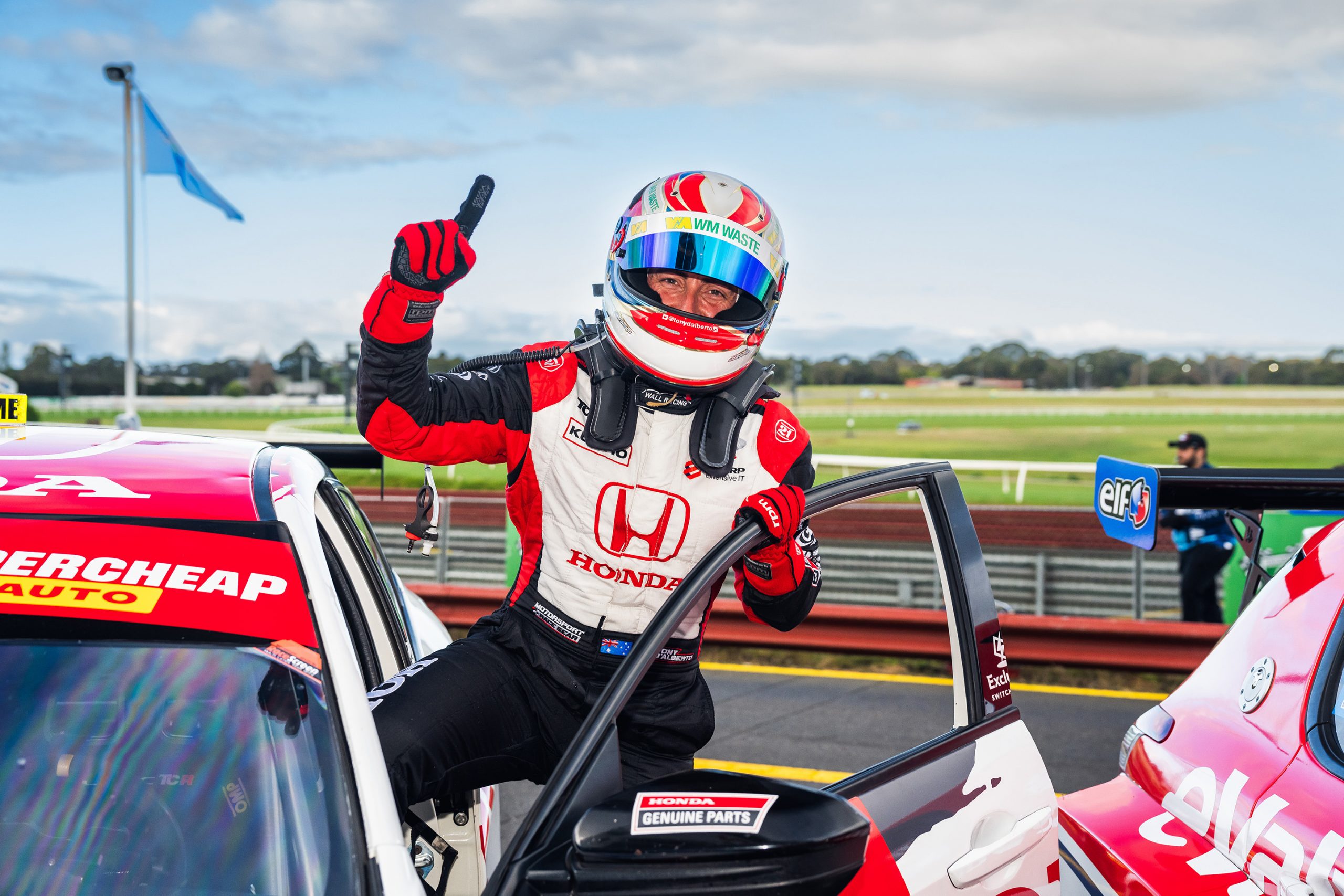 Tony D'Alberto celebrates winning race one of the TCR Australia Series at Sandown.