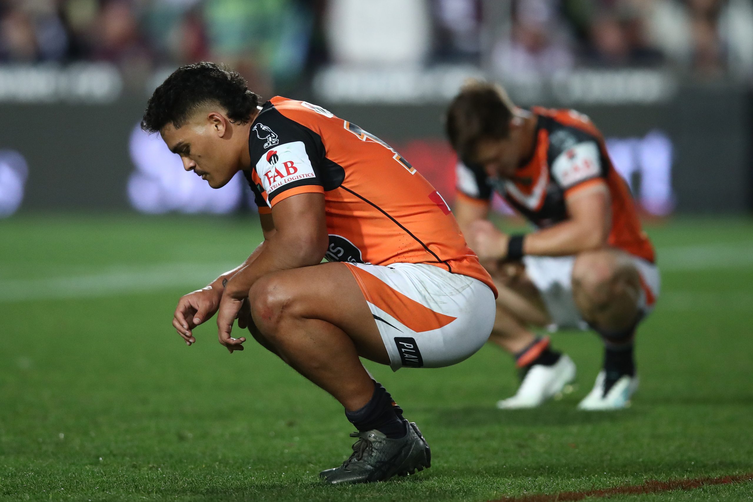 SYDNEY, AUSTRALIA - SEPTEMBER 01: Shawn Blore of the Wests Tigers looks dejected after a loss following the round 27 NRL match between Manly Sea Eagles and Wests Tigers at 4 Pines Park on September 01, 2023 in Sydney, Australia. (Photo by Jason McCawley/Getty Images)
