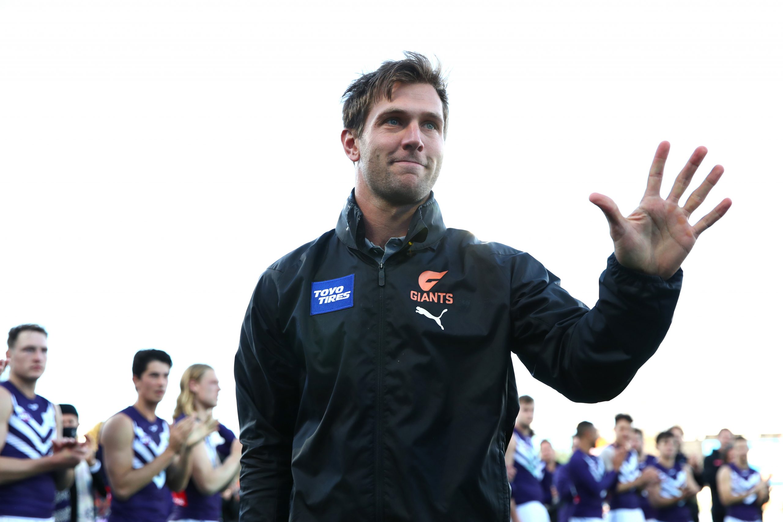 CANBERRA, AUSTRALIA - AUGUST 20: Matt de Boer of the Giants acknowledges the crowd during the round 23 AFL match between the Greater Western Sydney Giants and the Fremantle Dockers at Manuka Oval on August 20, 2022 in Canberra, Australia. (Photo by Jason McCawley/AFL Photos/via Getty Images)