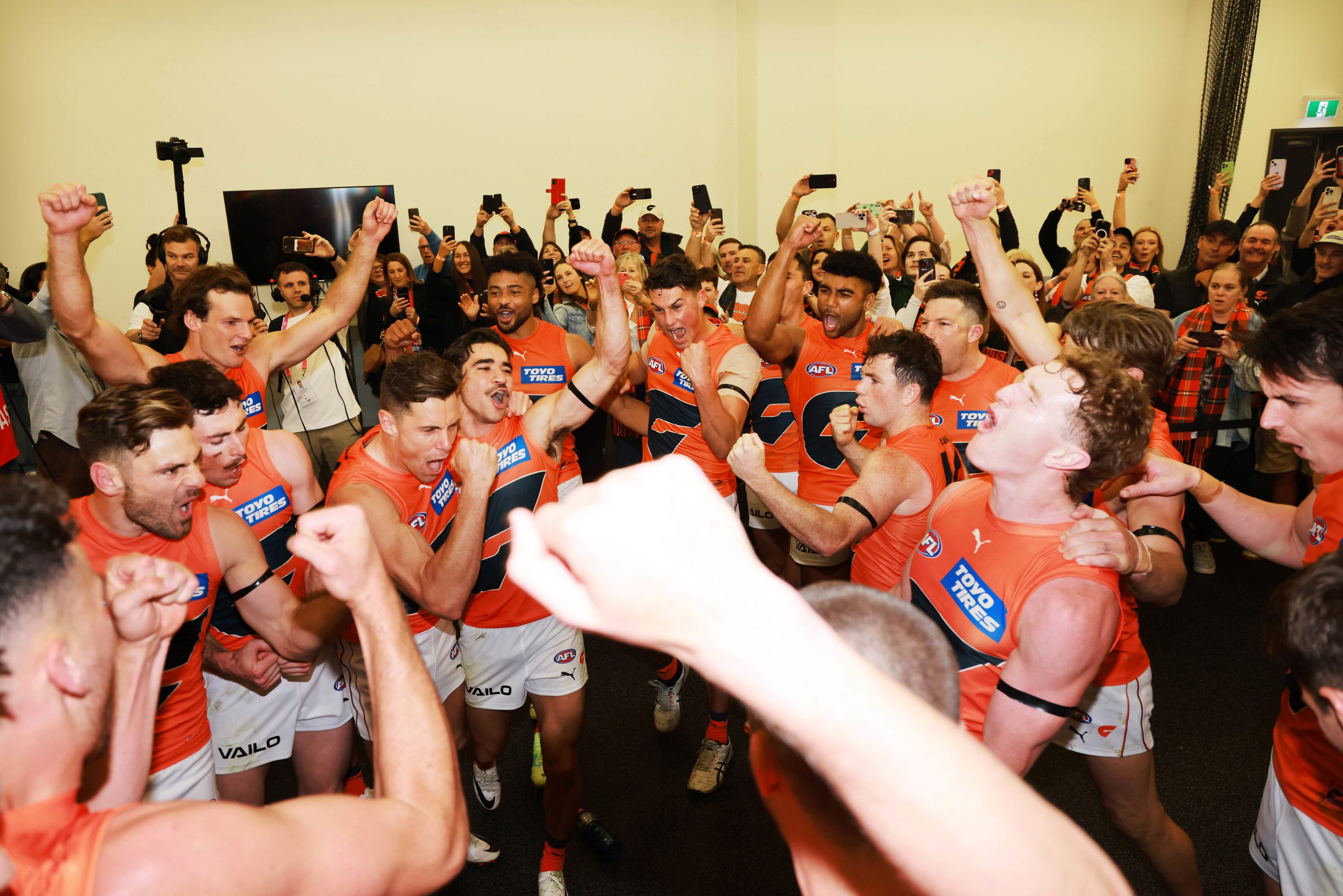 ADELAIDE, AUSTRALIA - SEPTEMBER 16: The Giants celebrate their win during the 2023 AFL Second Semi Final match between the Port Adelaide Power and the GWS GIANTS at Adelaide Oval on September 16, 2023 in Adelaide, Australia. (Photo by James Elsby/AFL Photos via Getty Images)