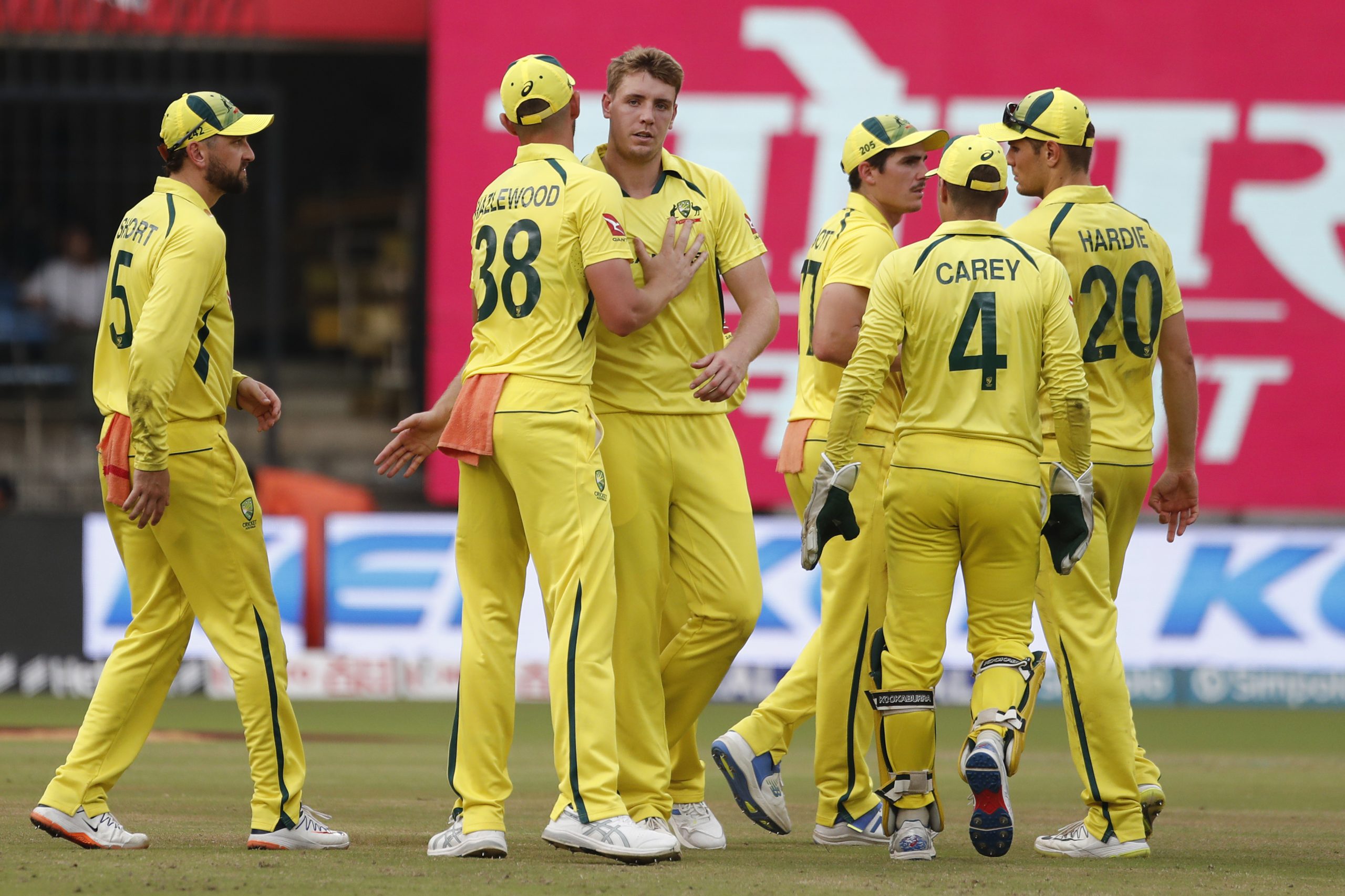 INDORE, INDIA - SEPTEMBER 24: Cameron Green of Australia celebrates the wicket of KL Rahul (c) of India during game two of the One Day International series between India and Australia at Holkar Cricket Stadium on September 24, 2023 in Indore, India. (Photo by Pankaj Nangia/Getty Images)