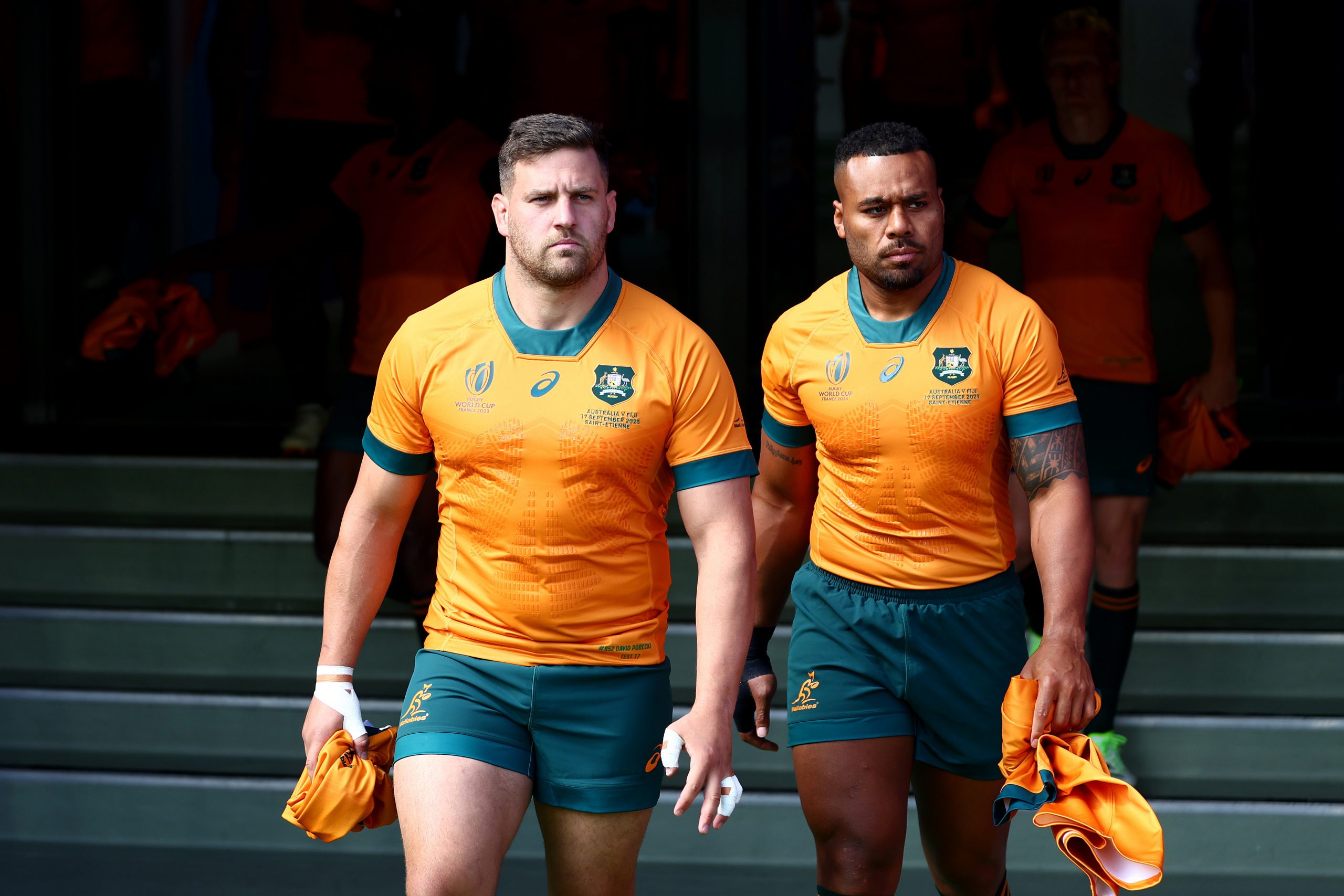 Dave Porecki and Samu Kerevi of the Wallabies.