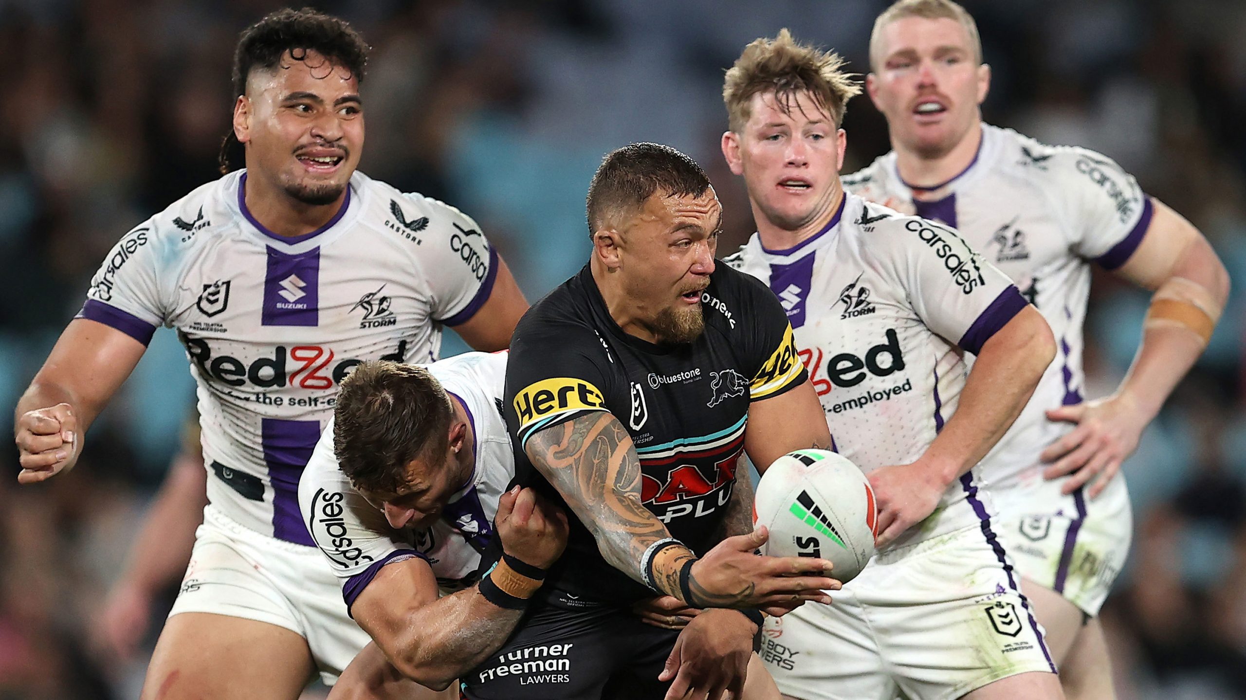 James Fisher-Harris of the Panthers offloads the ball during their preliminary final victory over Melbourne Storm. 